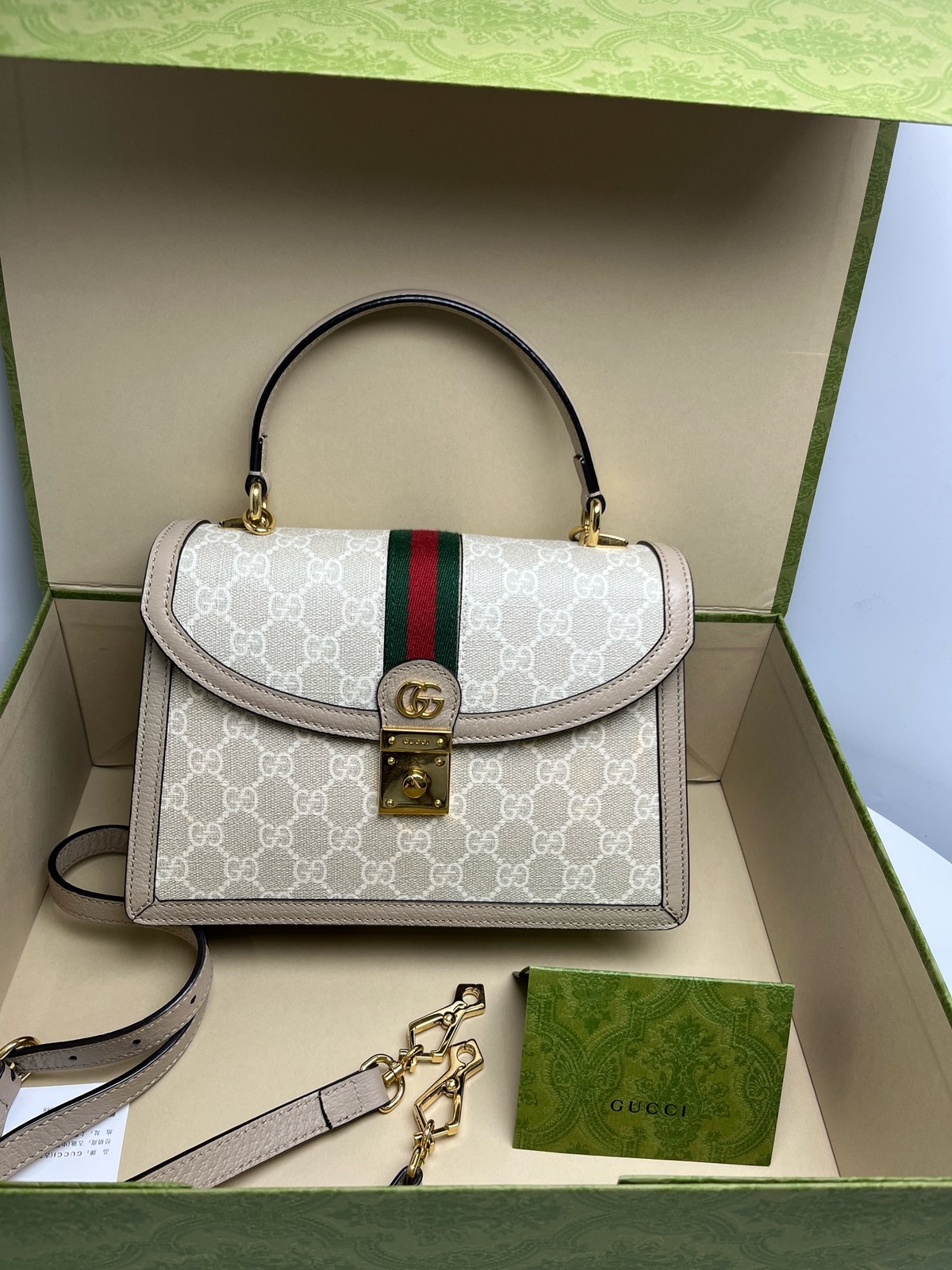 Gucci Oatmeal Ophidia Medium Beige GG Canvas Leather 2Way Bag Duty Paid
