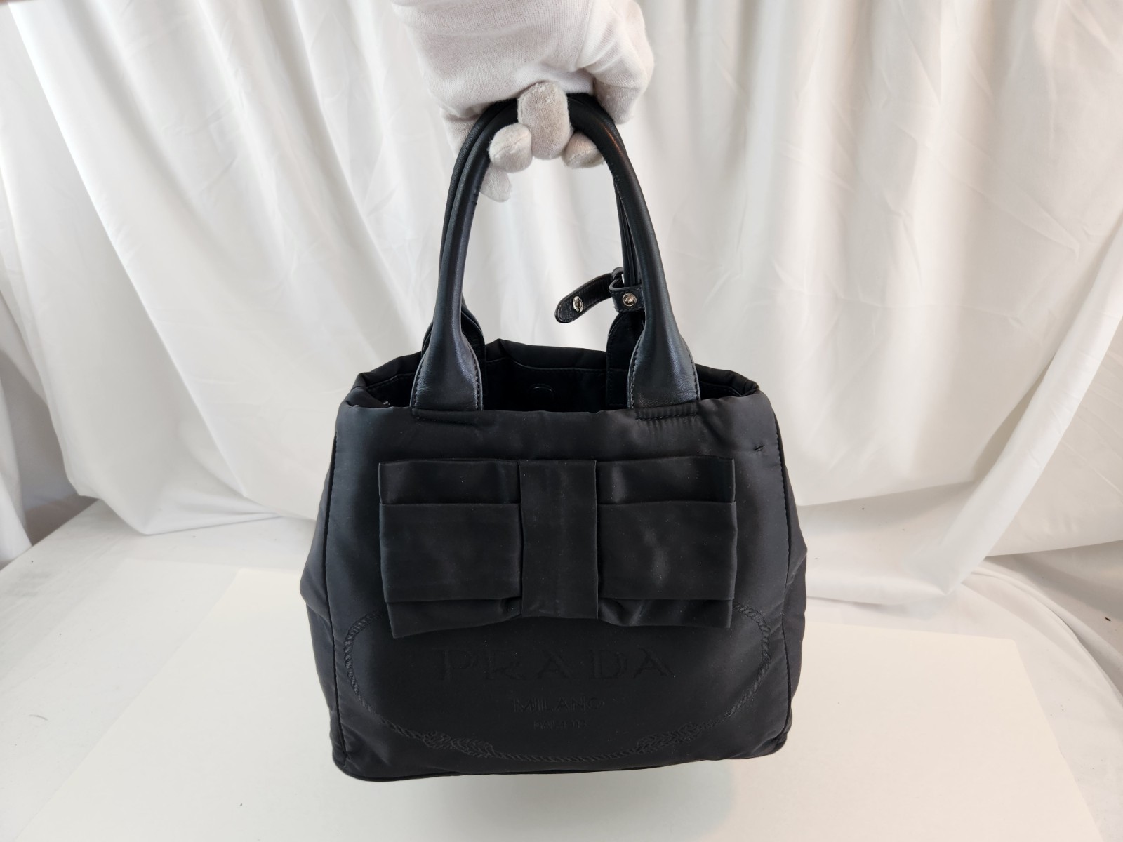 Authentic Prada Milano Ribbon Tessuto Tote Bag Hand Black Handbag Nylon 2way Bow