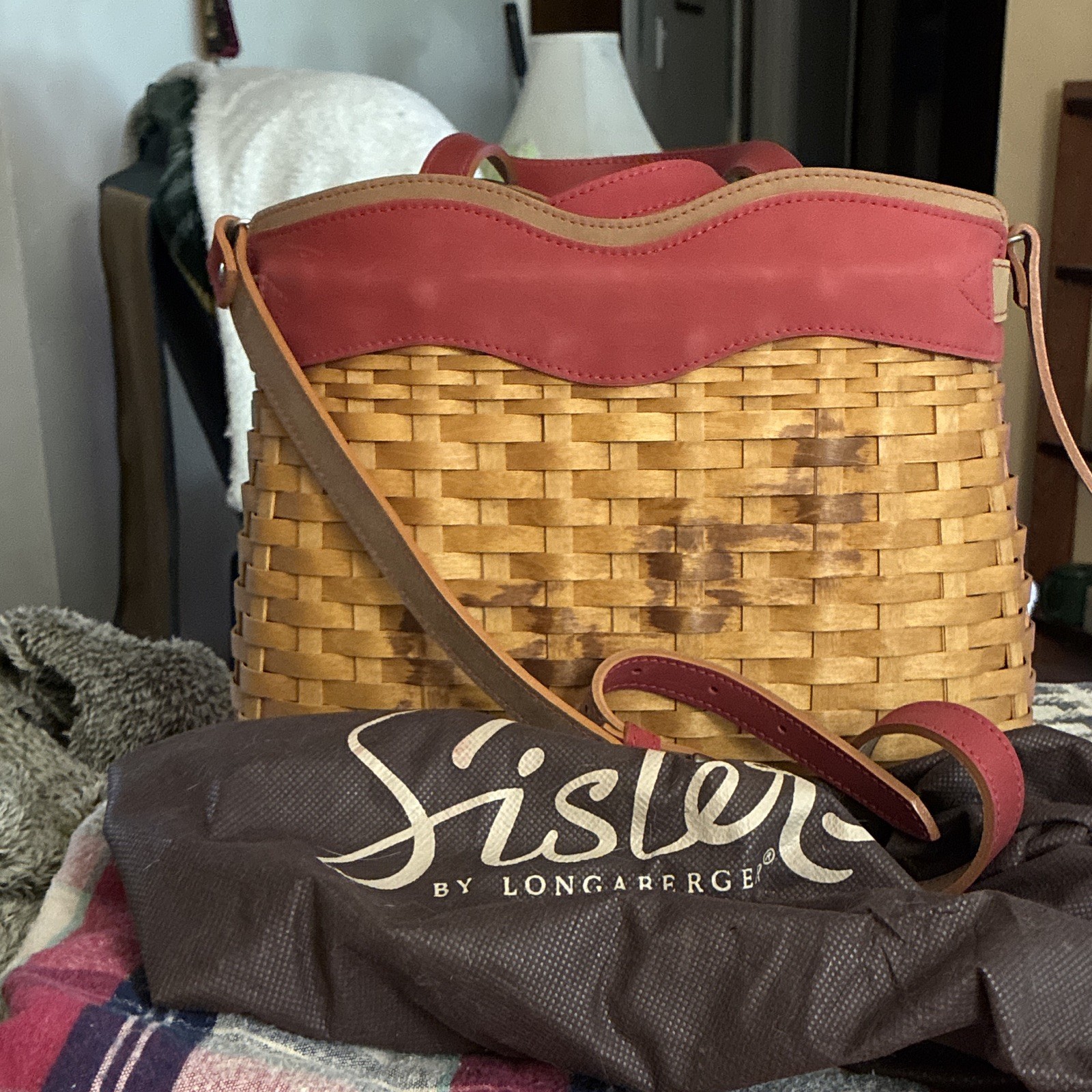 Longaberger Woven Wicker Shoulder Bag Purse Buckle Accent w/ Dust Bag Brown
