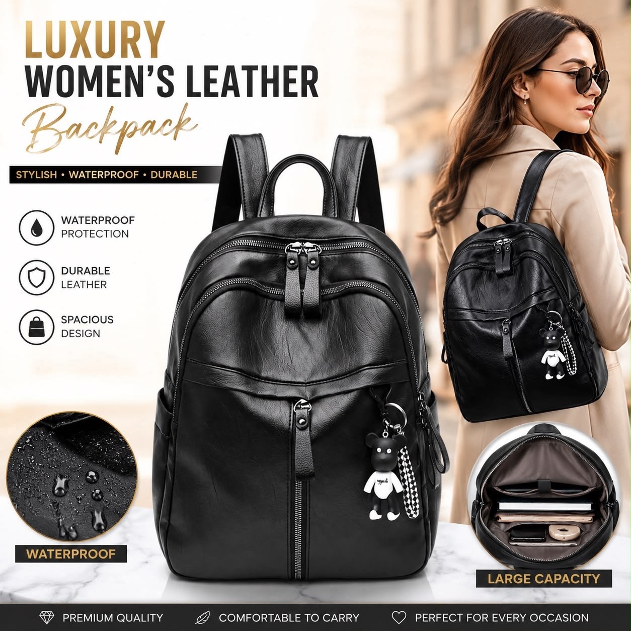 Luxury Women’s Leather Backpack – Waterproof Travel School Purse Black Handbag