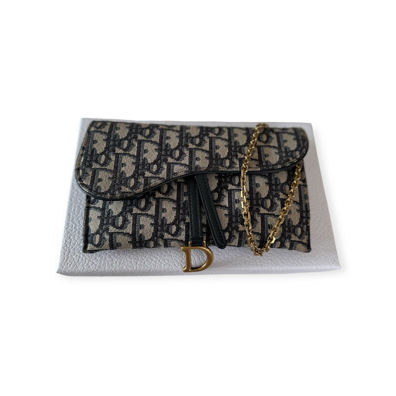Dior Small Saddle Pouch with Chain Blue Dior Oblique Jacquard