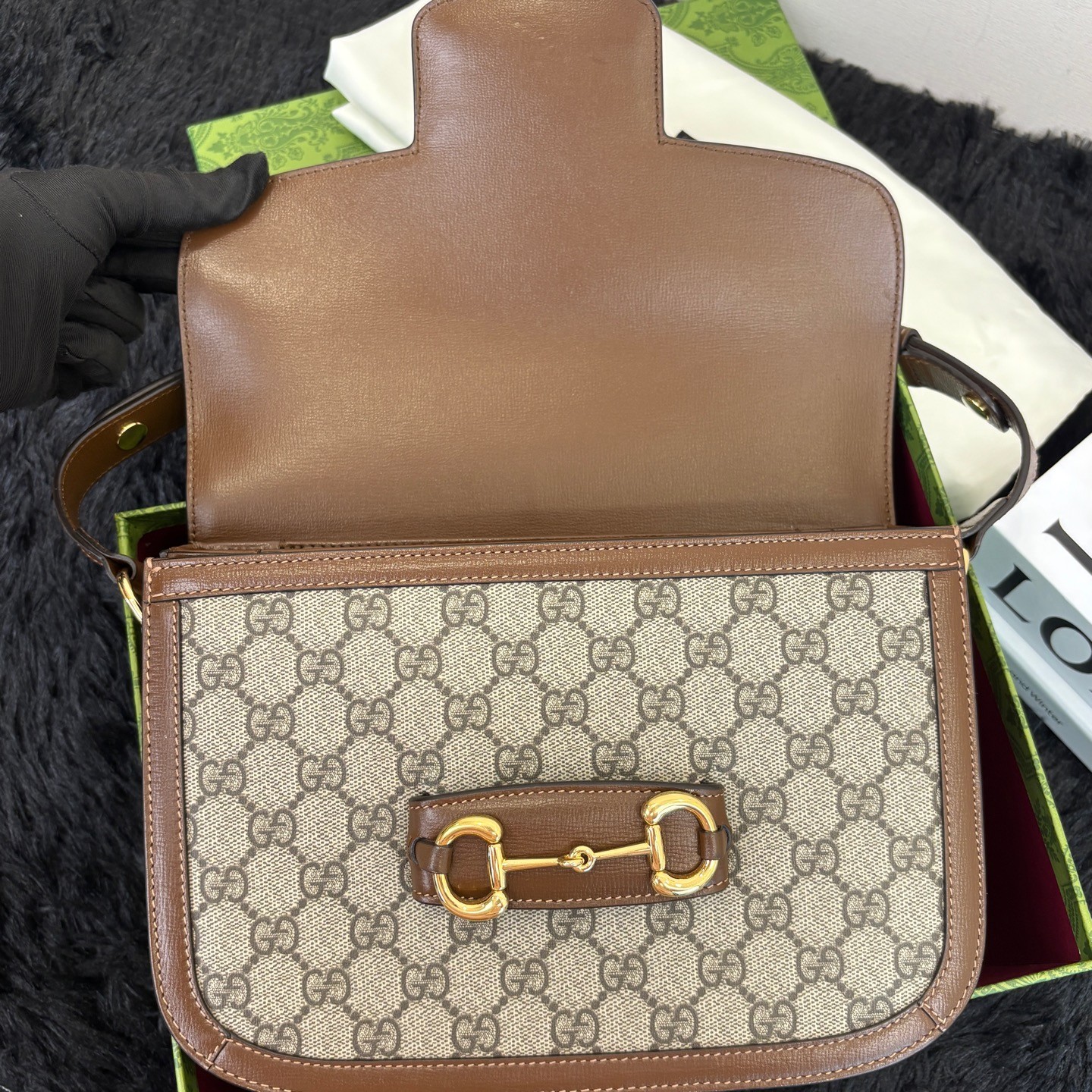 Gucci 1955 Horsebit Normal Size Beige Brown GG Canvas Calfskin Shoulder/Crossbod