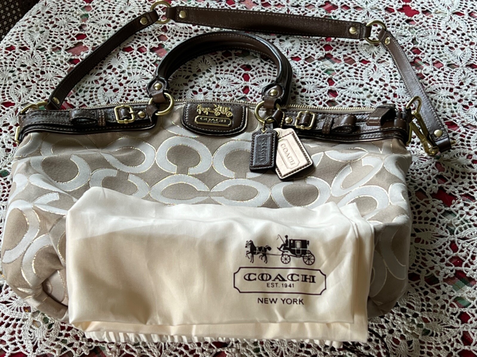 COACH 18635 MADISON OP ART LUREX LINDSEY SHOULDER BAG Khaki Beige Brown&Dust Bag
