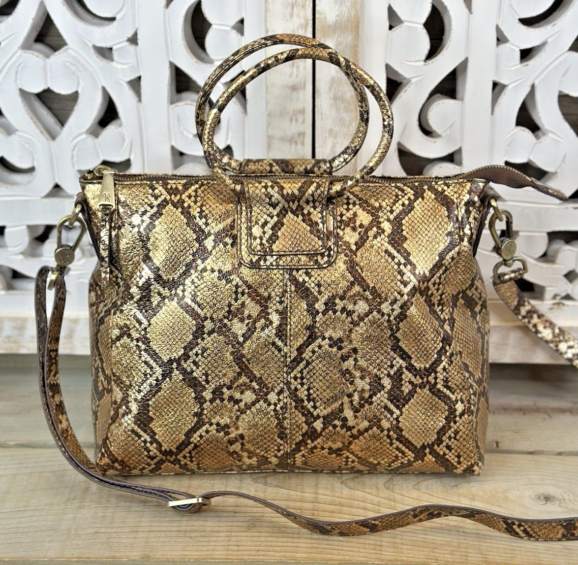 HOBO INTERNATIONAL Sheila Medium Satchel Crossbody Metallic Golden Snake Leather
