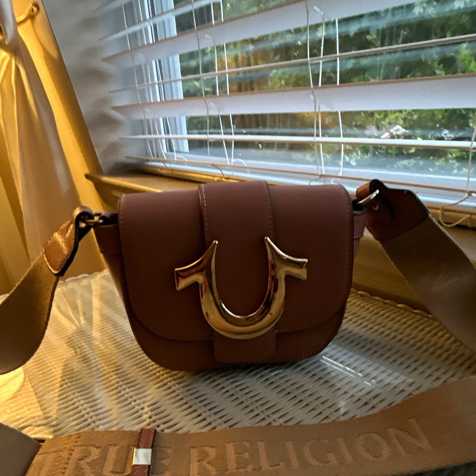 True Religion Pink Crossbody Bag, Small, Beige Logo Strap, Gold
