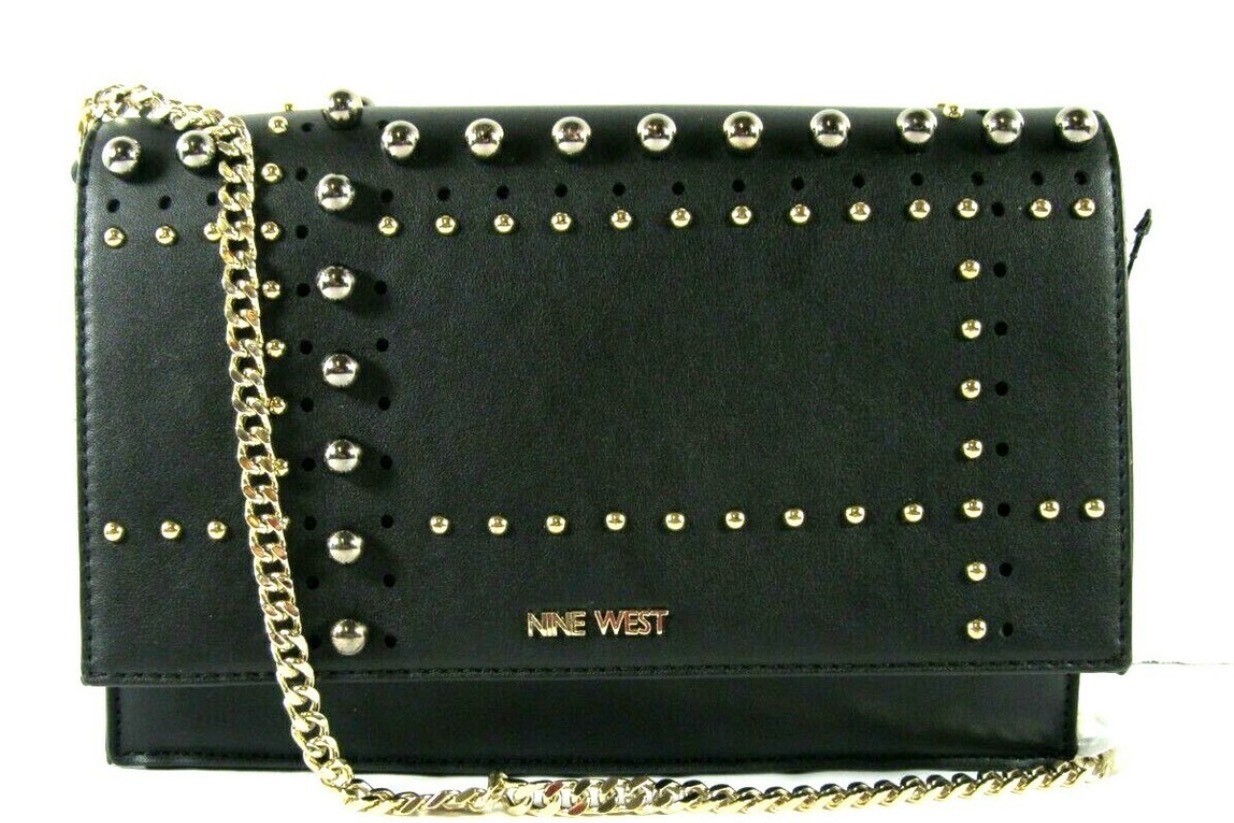 Nine West Crossbody Convertible Clutch Black Gold Gunmetal Studs & card Slots