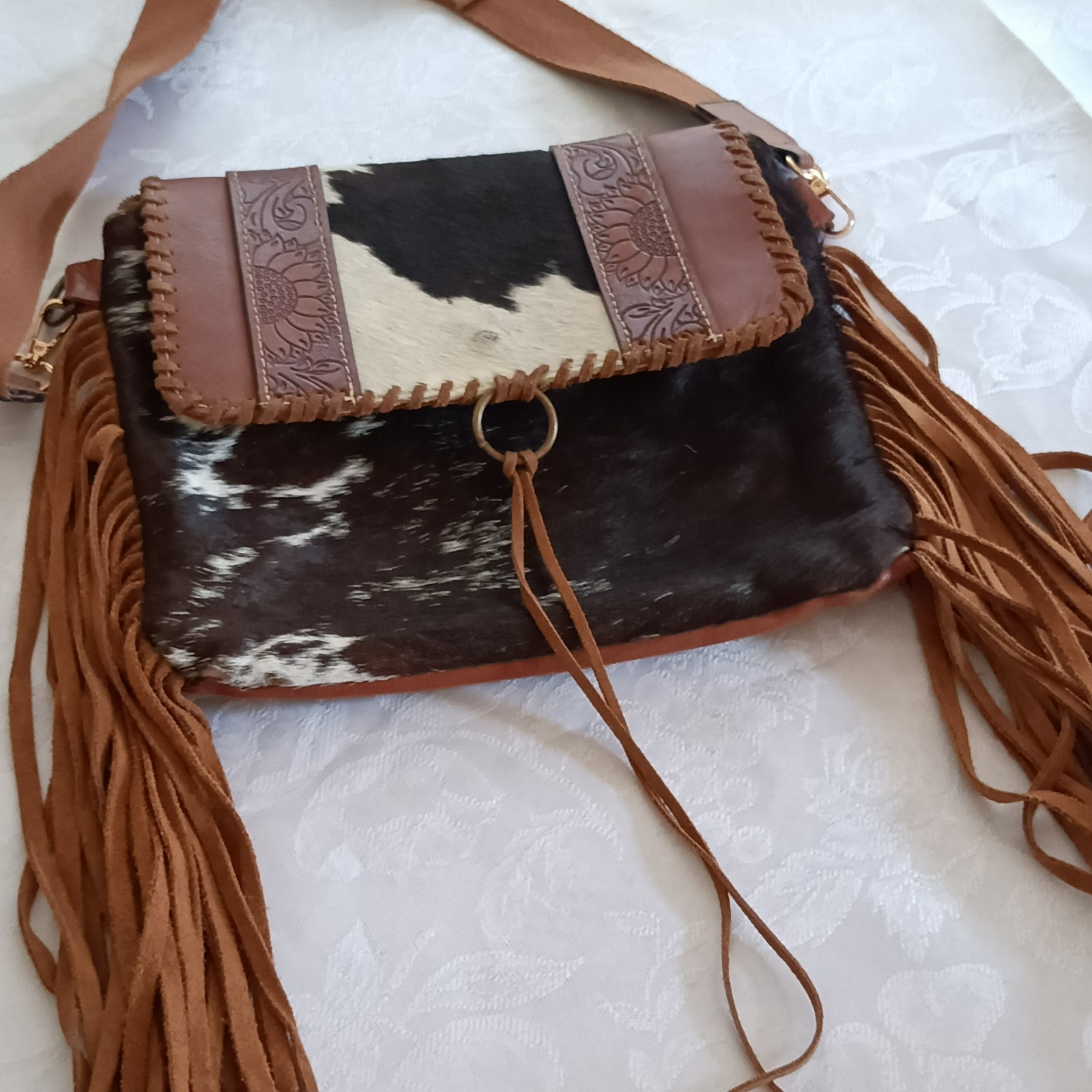 Myra Bag Cowhide & Hand Tooled Leather Crossbody Western Fringe Adjustable Strap