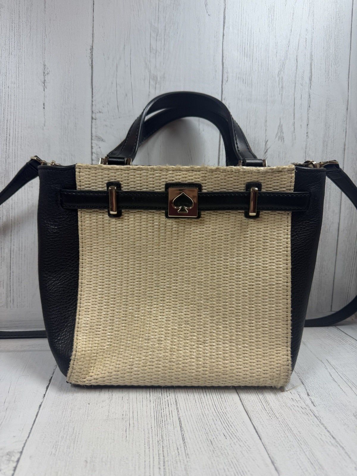 Kate Spade New York Houston Street Straw Leo Tote Natural Black Satchel