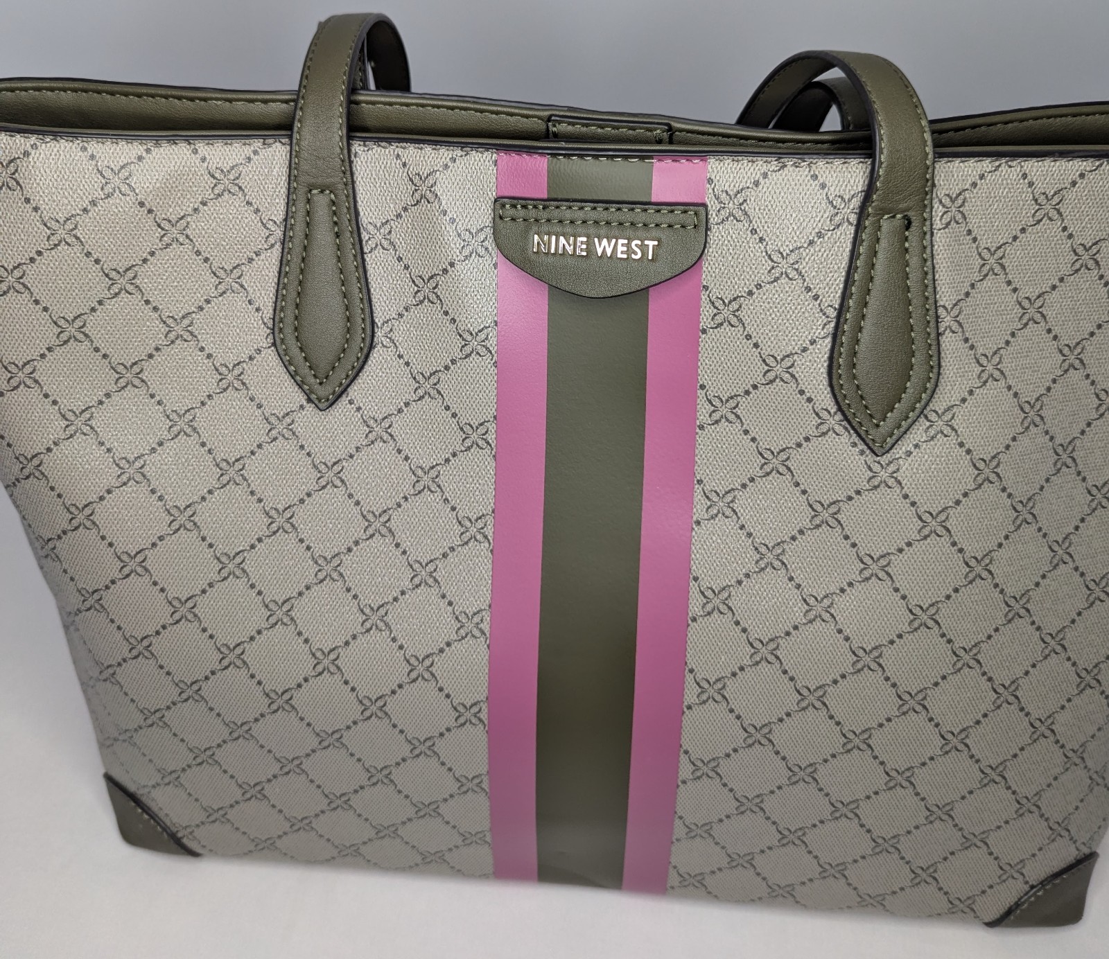 Nine West Tote Bag Featuring a Beige Geometric Print and Pink and Olive Accents