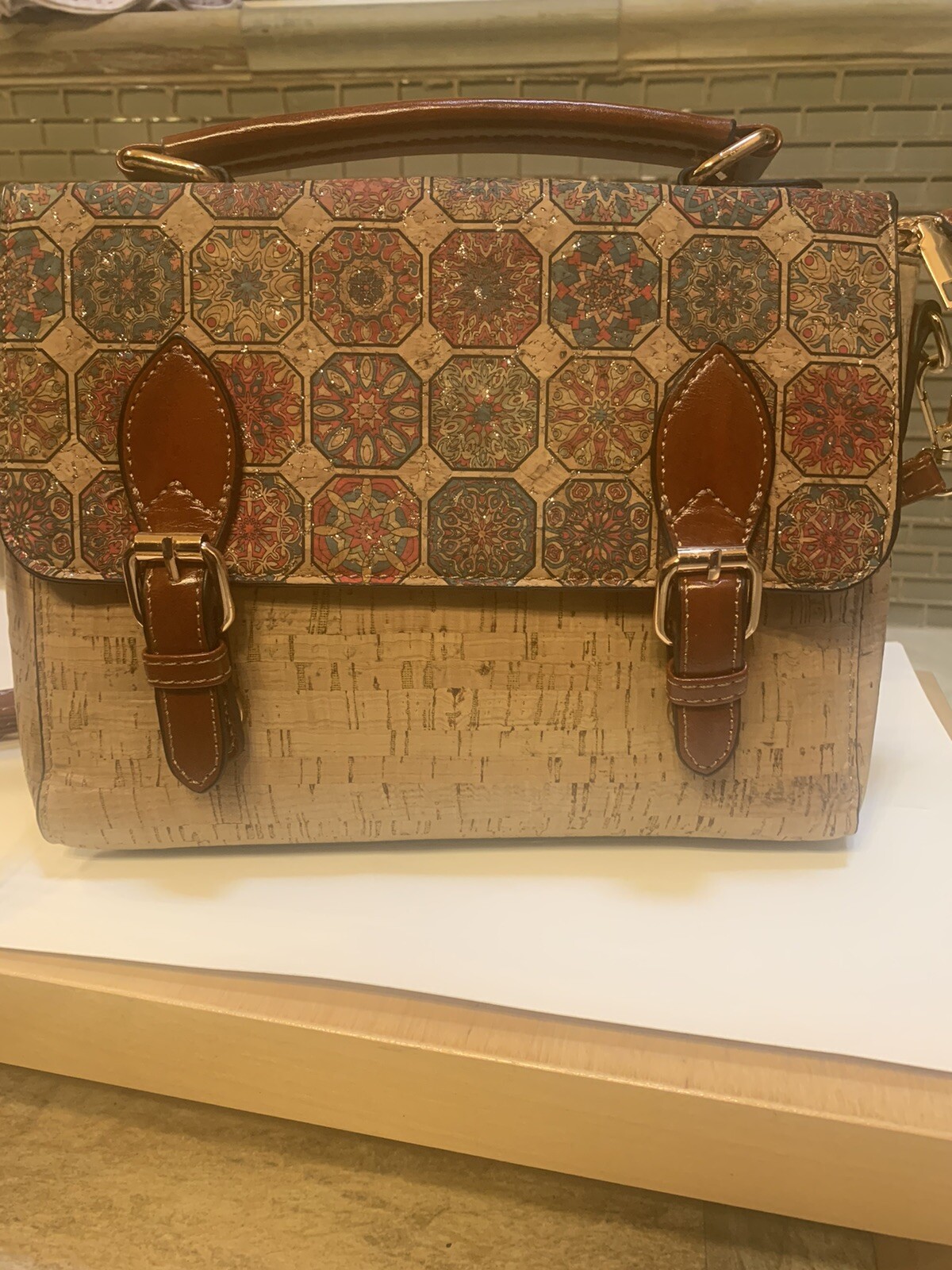 Portuguese Tile Lisbon Vegan Cork Handbag Messenger Crossbody AdjStrap NWOT