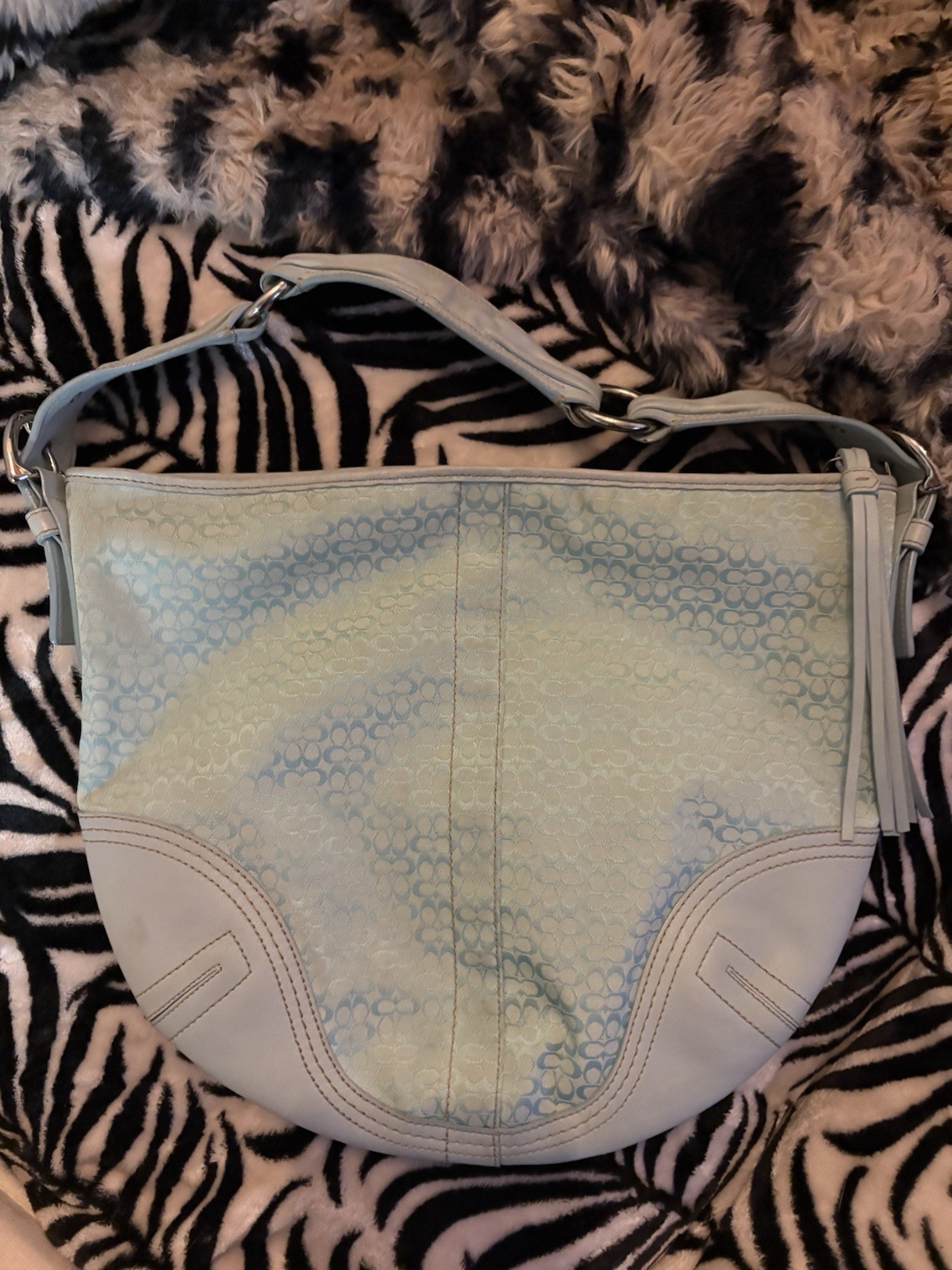 Rare Y2K Coach Signature Large Hobo Bag Aqua Seafoam Blue Shoulder Purse 2007