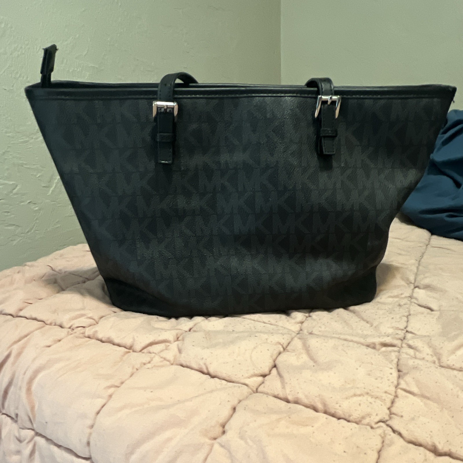 Michael Kors Black Monogram Tote Zip Closure Double Handles, Bag Charm, Silver