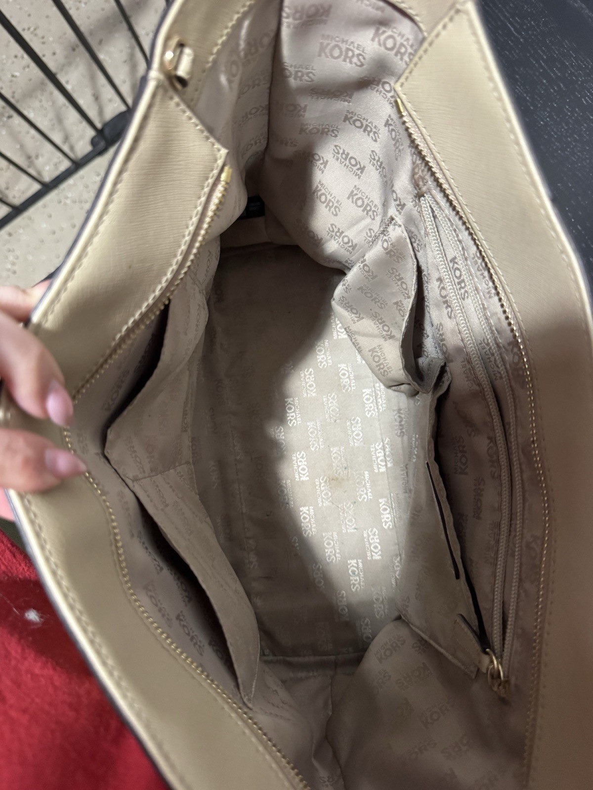 Michael Kors Beige Studded Medium Satchel Top Handle, Detachable Strap Zip