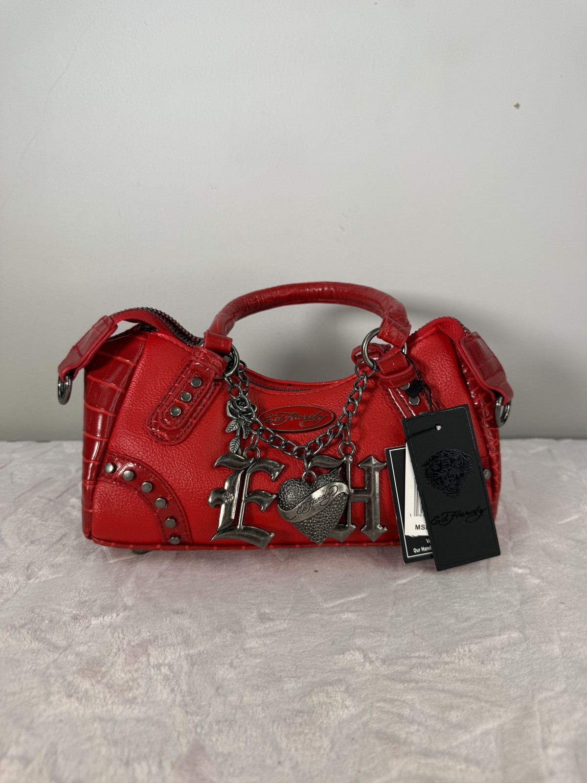 Ed Hardy Red Mini Bag Faux Leather Croc Embossed Metal Charms