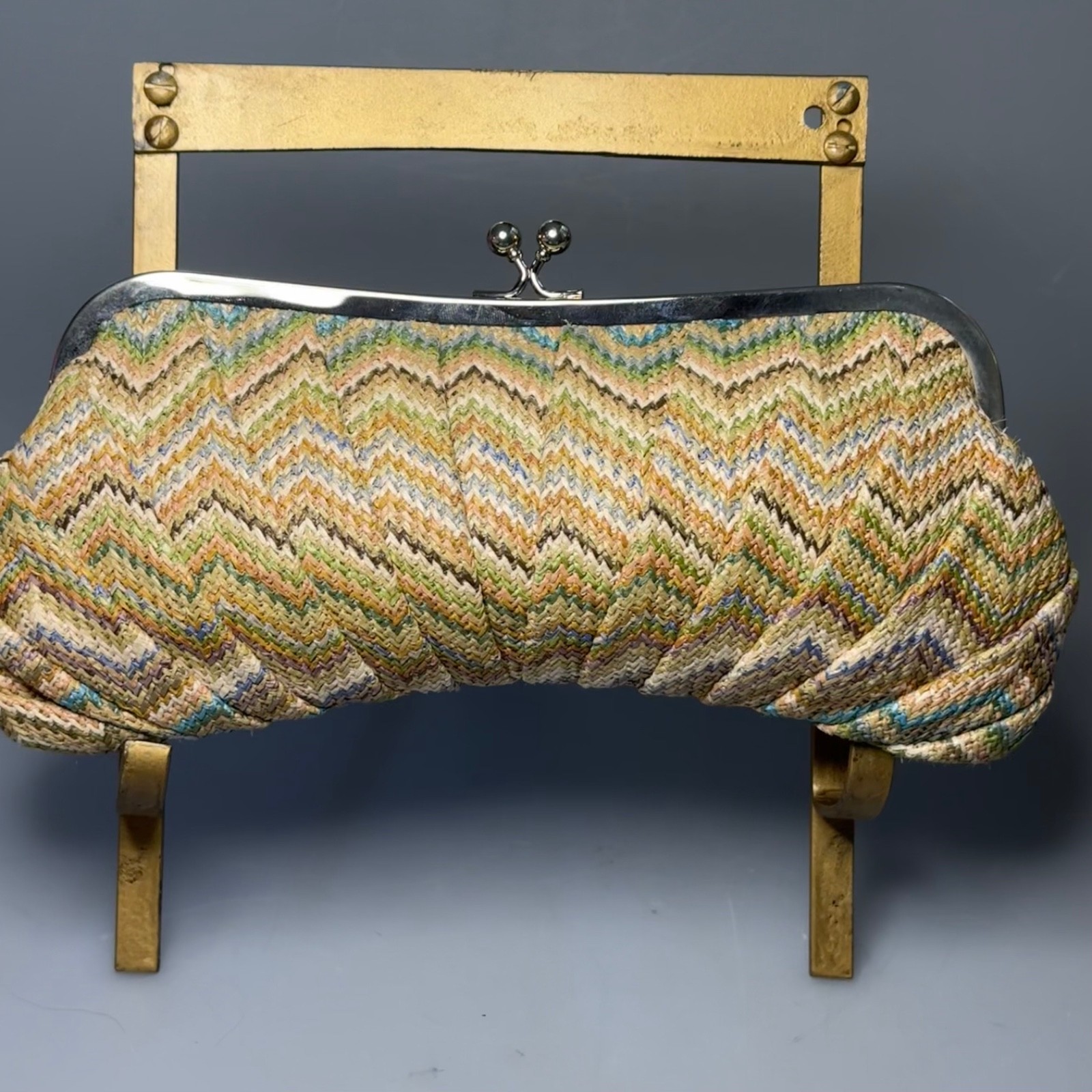 Vintage Chevron Woven Clutch Purse Kiss Lock Evening Bag Multicolor Zig Zag Boho