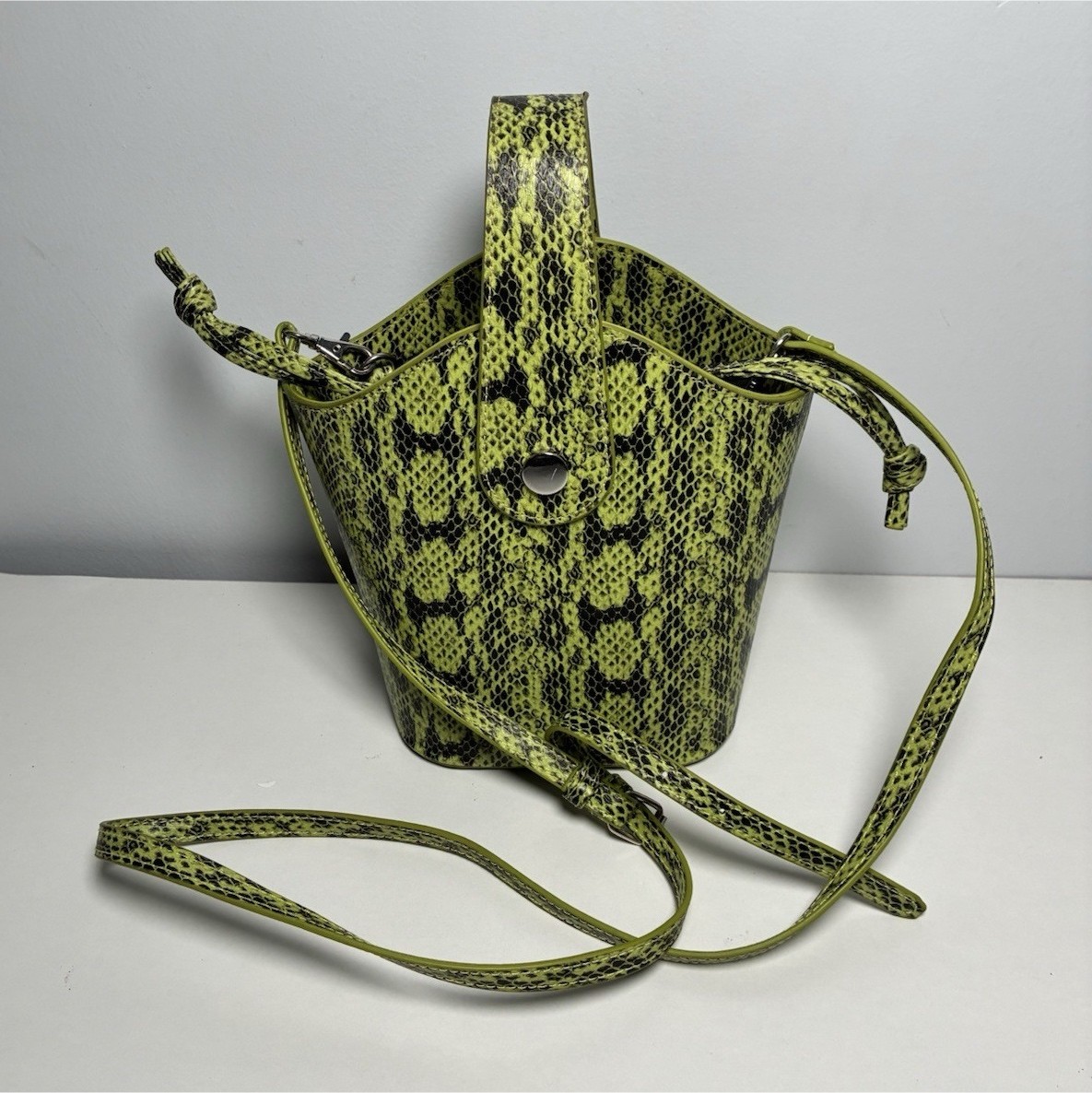 Yellow Snake Print Bucket Shoulder Bag with Adjustable Strap and Silver Hardware