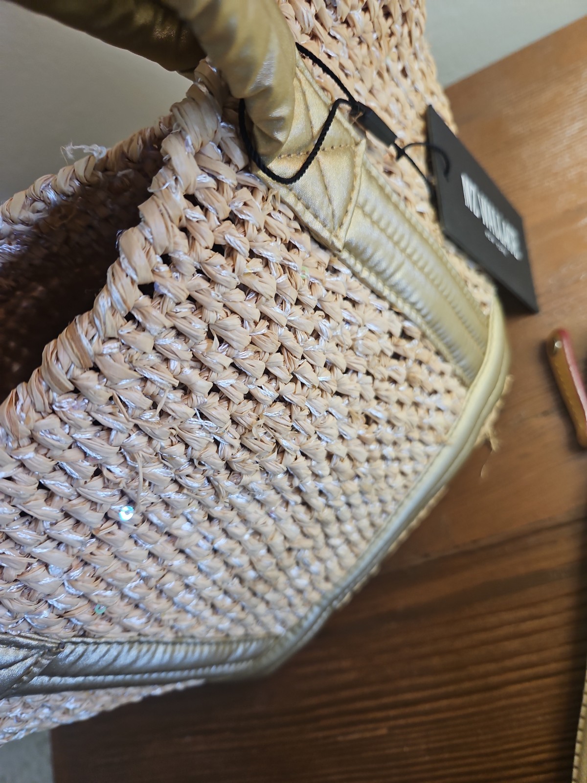 MZ Wallace Crochet Raffia Mini Crossbody Tote Gold