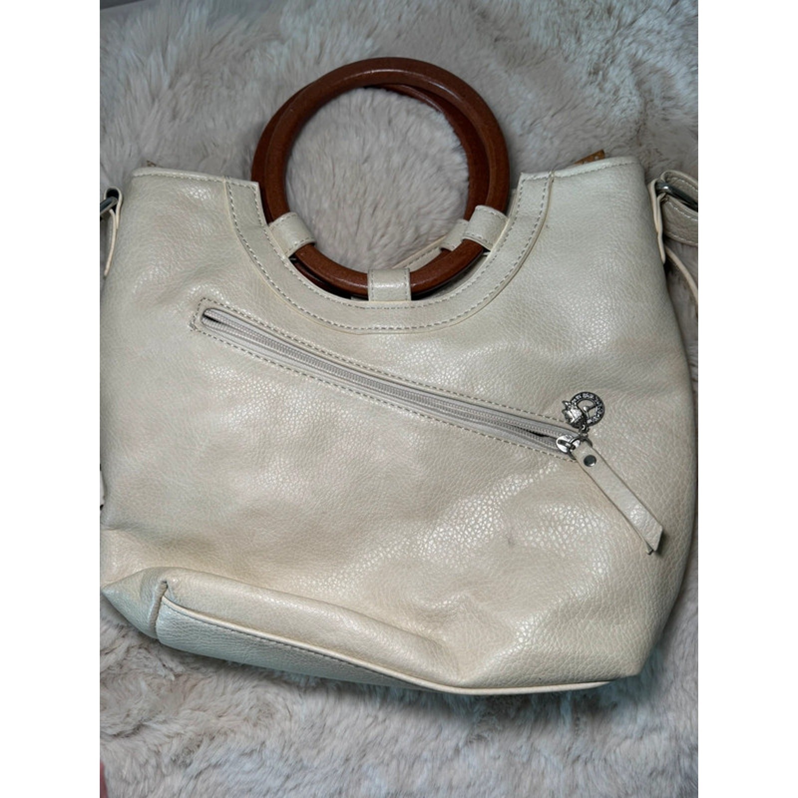 Leather white ruffle cottage core wooden circle handle crossbody bag Romantic