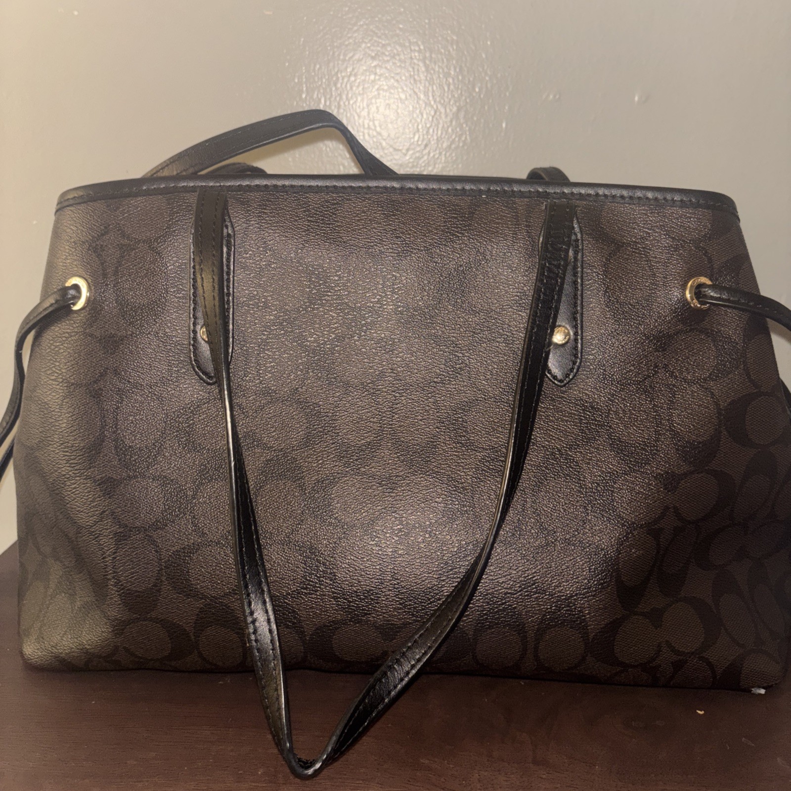 Coach Brown Black Logo Shoulder Bag with Double Handles and Zip Closure