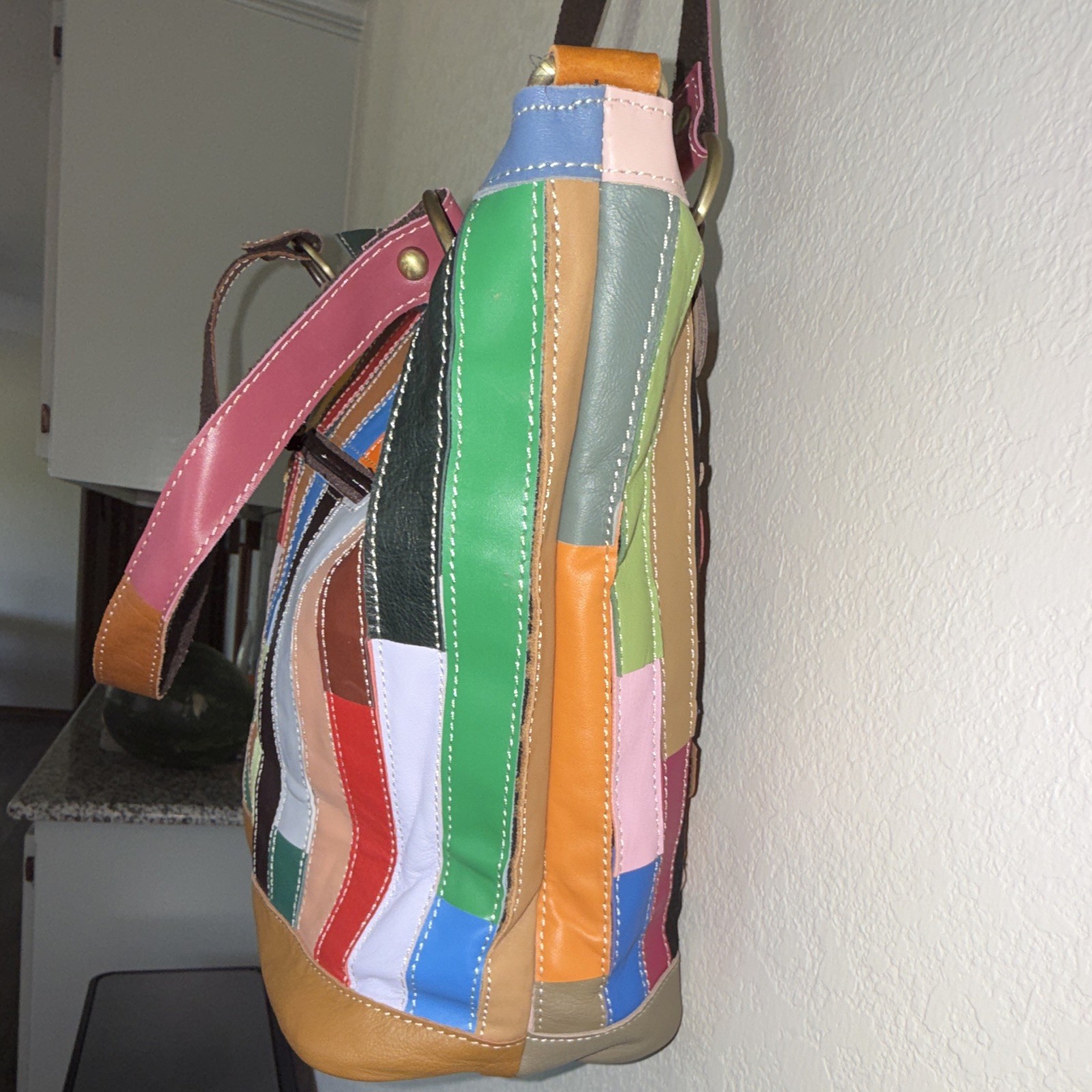 Mohiriya EUC Colorful Patchwork Floral Leather Tote Purse w/ Removable Zip Pouch