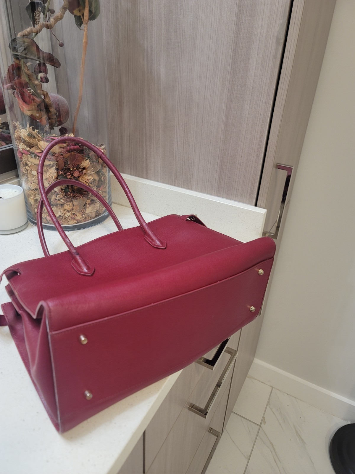 Furla Pin Leather Top-Handle Satchel Handbag Dark Red/Crimson