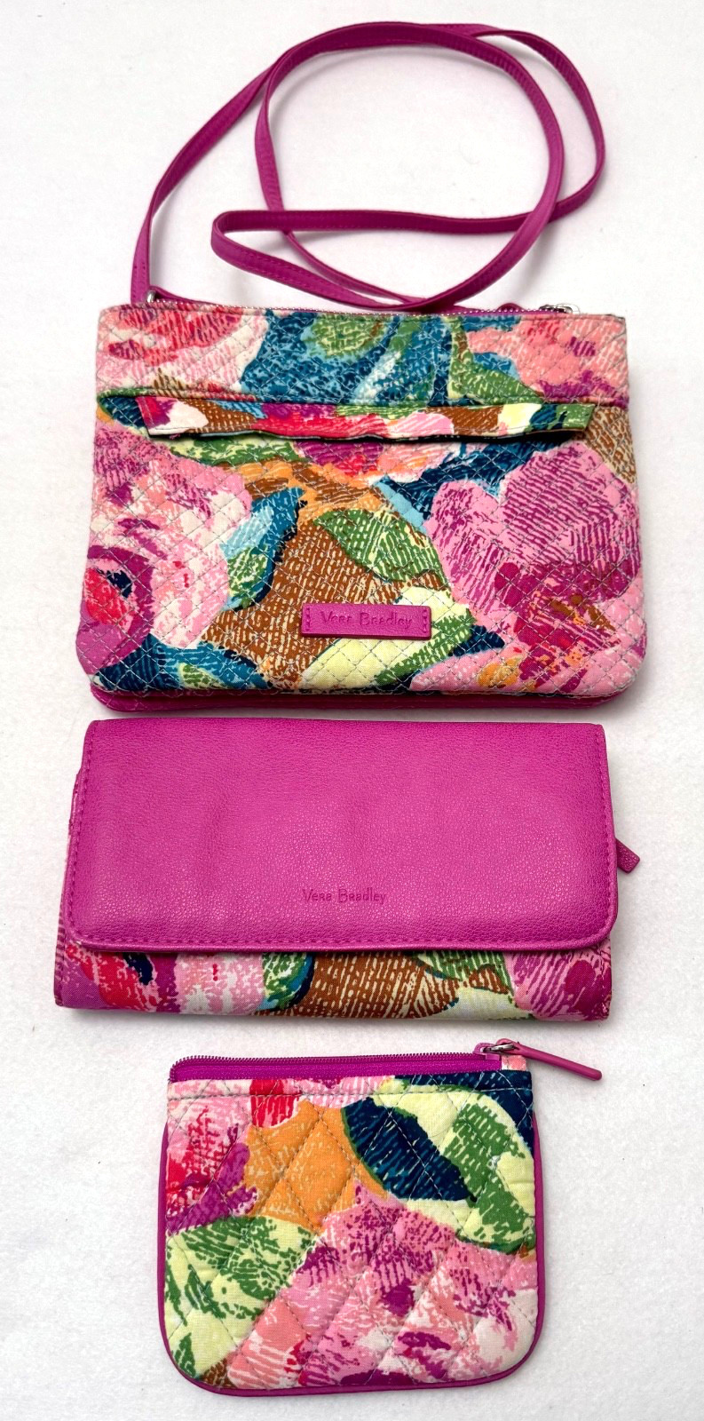 Vera Bradley Purse/Crossbody Bag Wallet Set Quilted Floral Pink Teal Blue 3 pcs