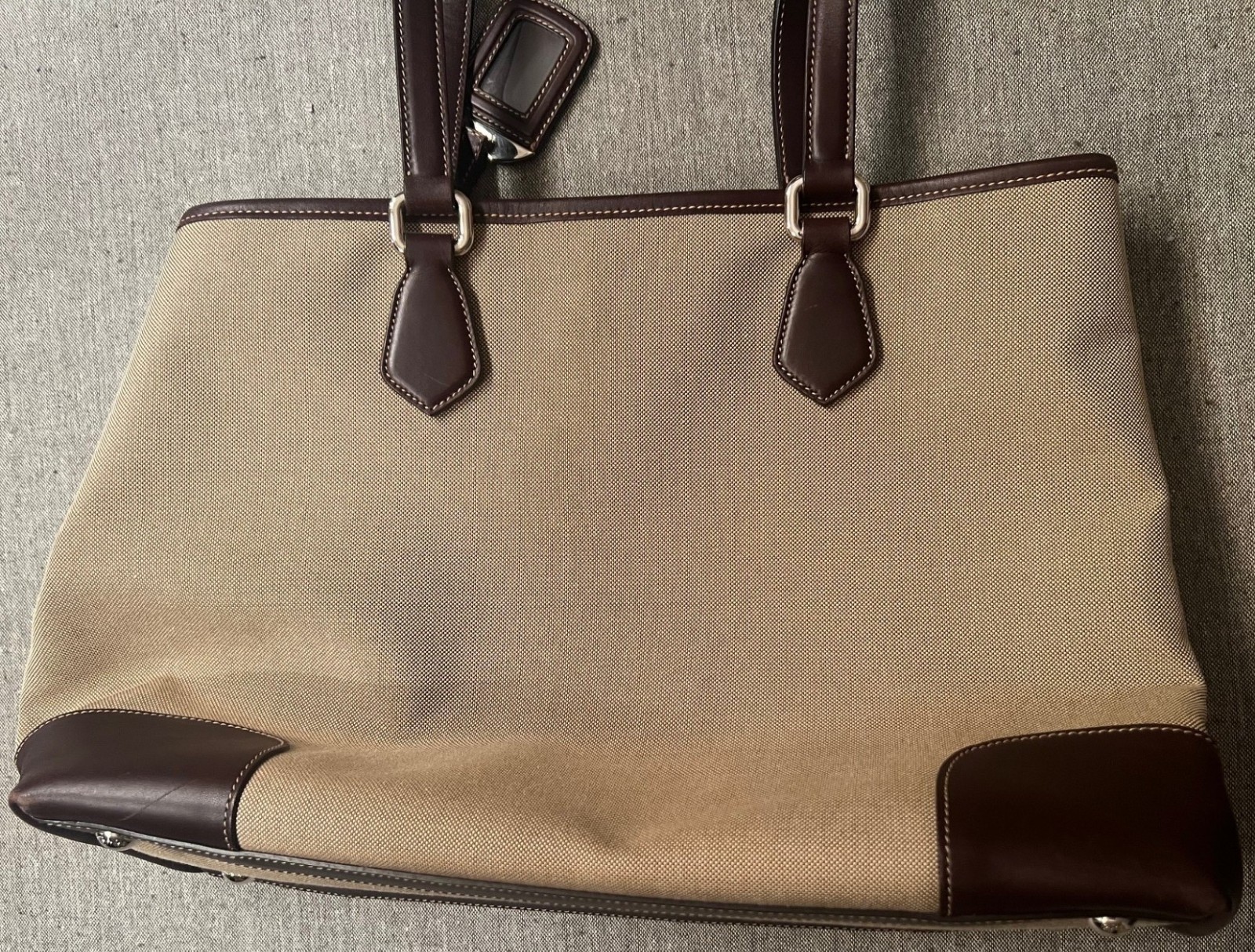 Prada Tote Bag Canvas Leather Beige Brown Silver Hardware Logo Shoulder Purse