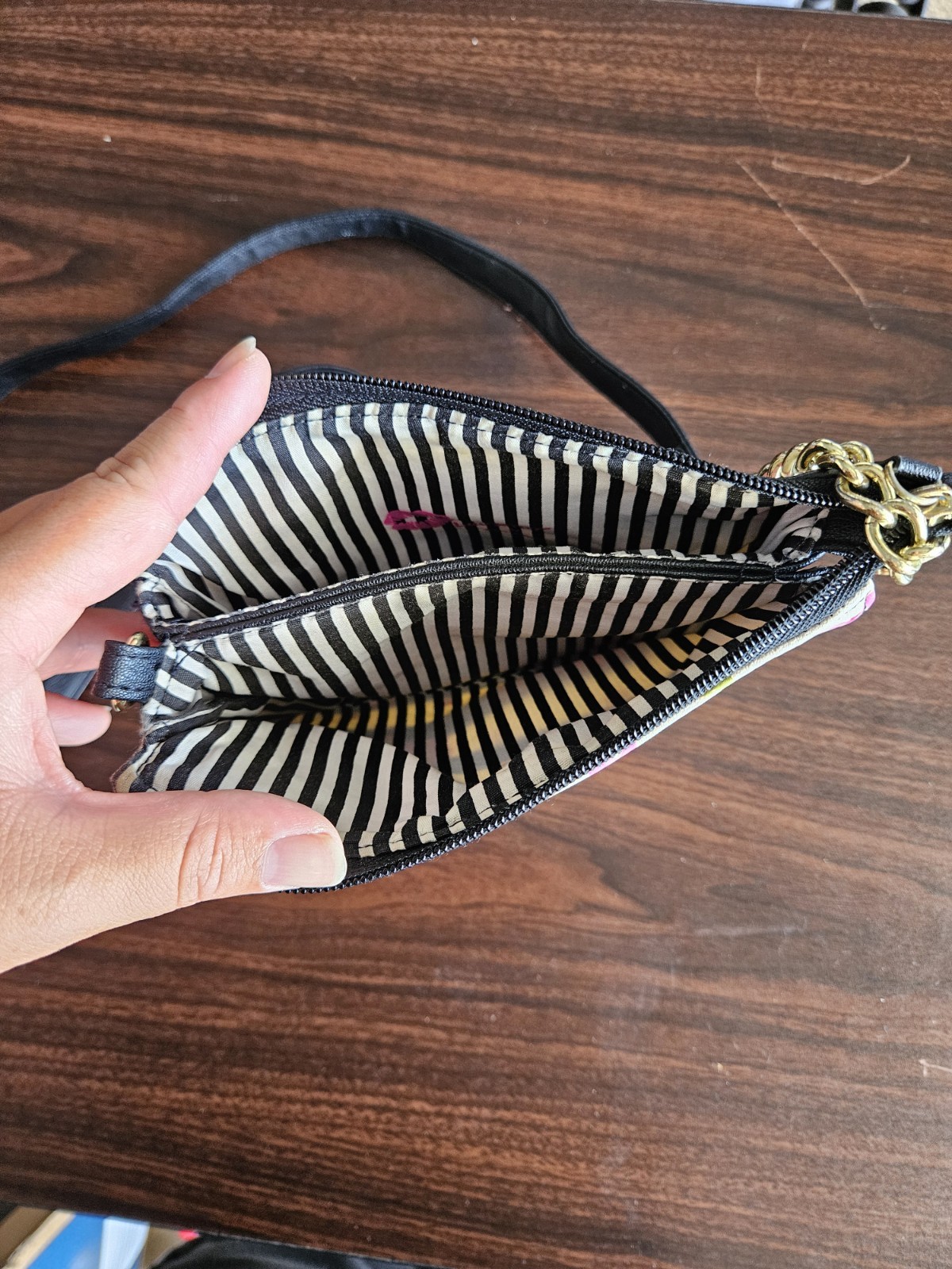 Betsy Johnson Black Abd White Stripped Crossbody Bag With Pink Roses