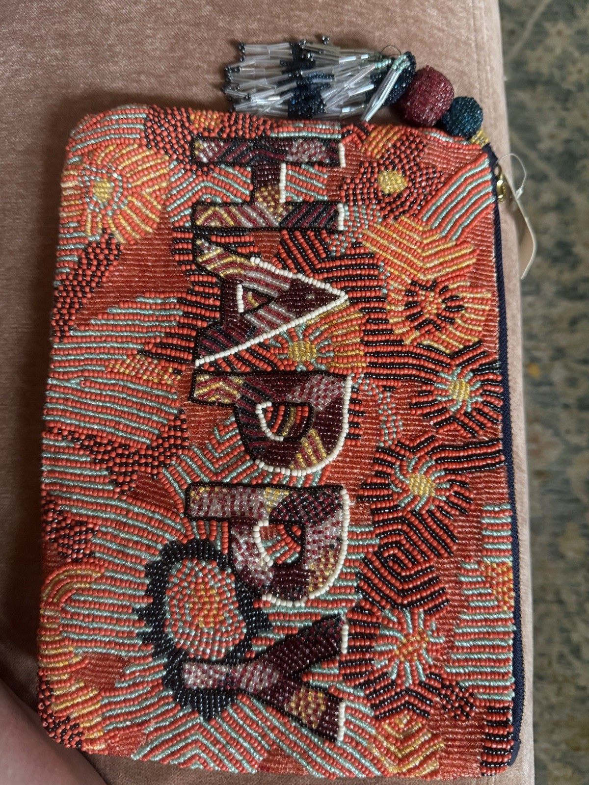 Anthropologie Beaded Clutch Bag | “HAPPY” |Floral Boho | Tassel Zipper | Gift