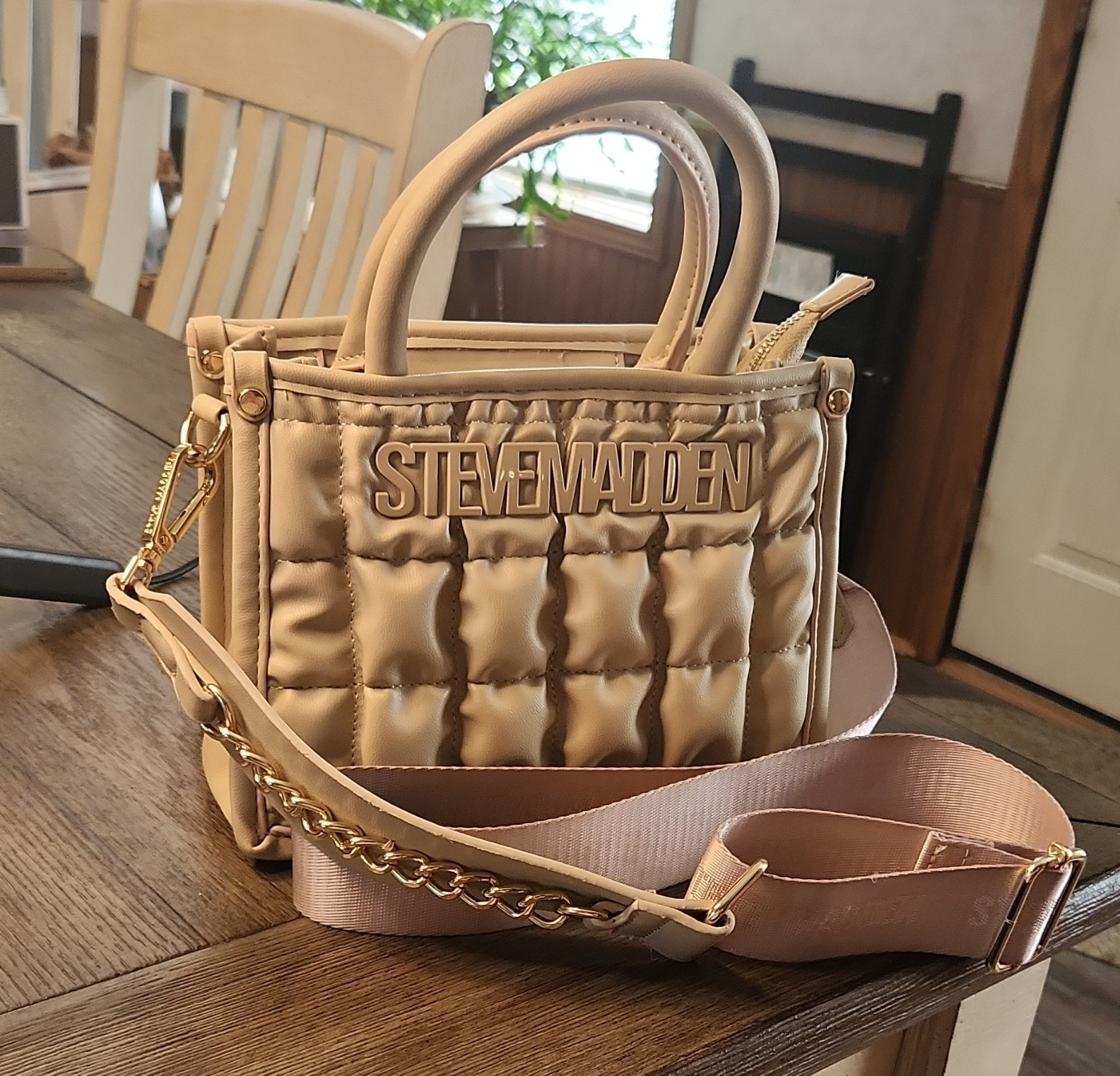 Steve Madden Beige Quilted Top Handle Satchel Zip w/ Detachable Crossbody