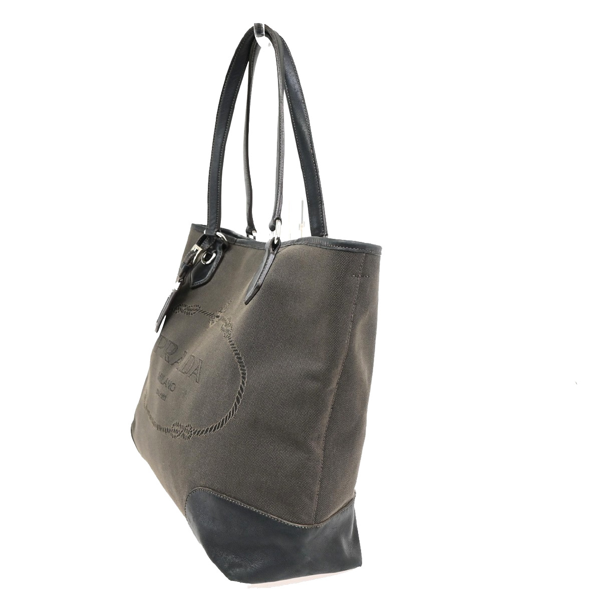 PRADA Logo Jacquard Shoulder Tote Bag Canvas Leather Black Brown 64KD261
