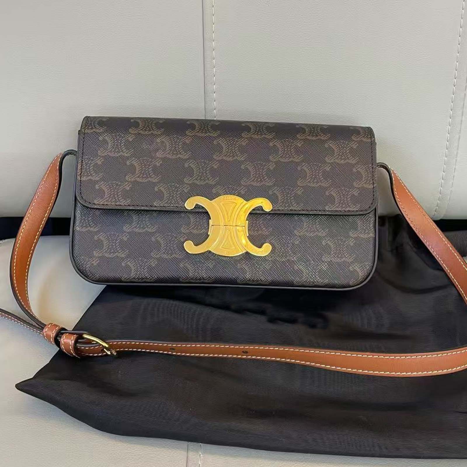 CELINE Claude Triomphe Shoulder Bag canvas leather Brown