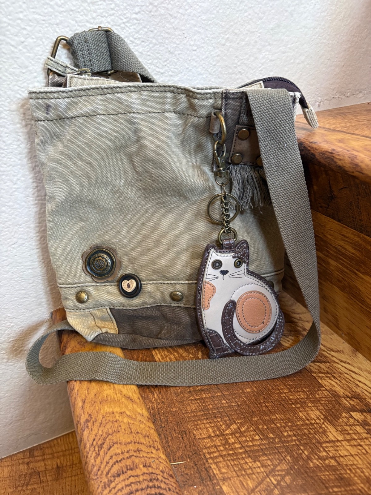 Chala Patch Canvas Crossbody Messenger Bag Olive Khaki + Cat Key Fob Charm