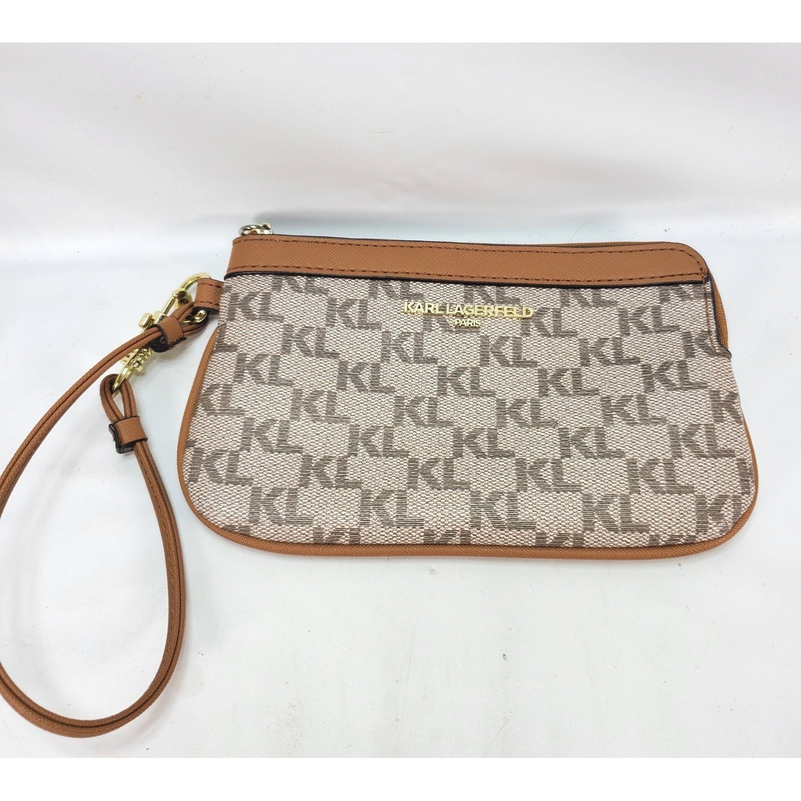 Karl Lagerfeld Paris Wristlet Brown Monogram KL Logo Zip Pouch Gold Hardware