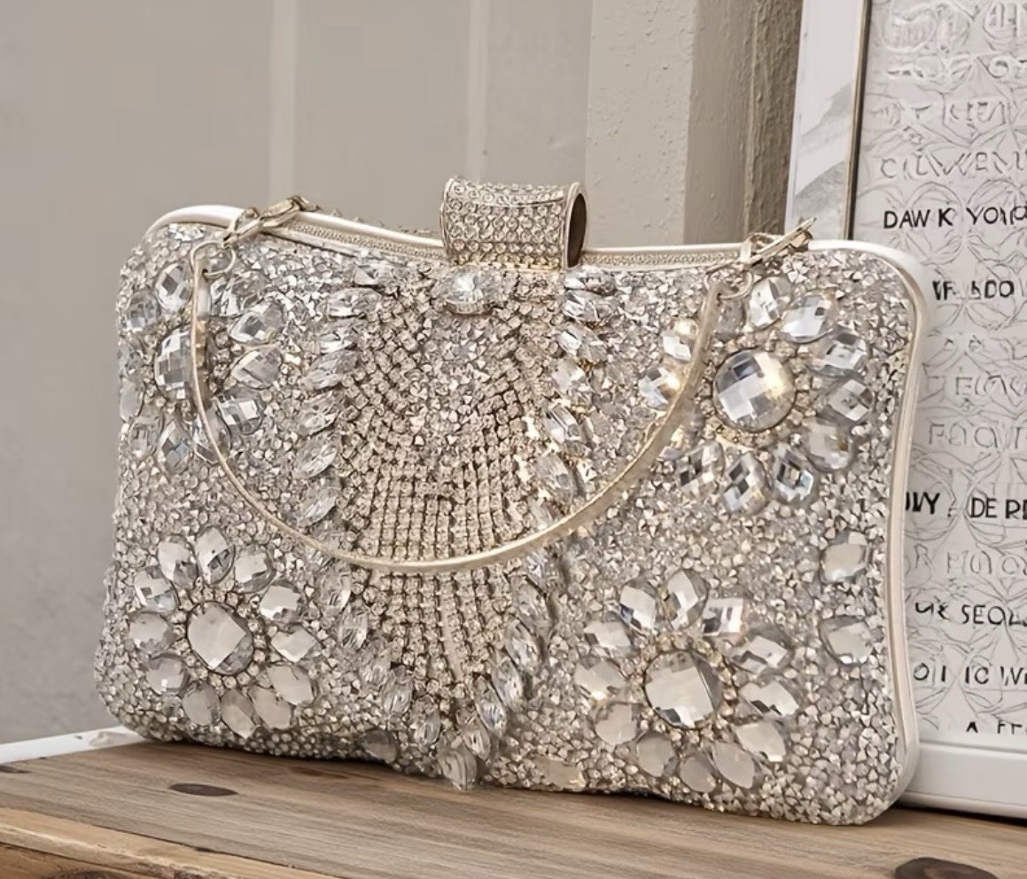 Women’s Floral Crystal Rhinestone Beaded Rectangle Clutch, Clasp, Chain Strap