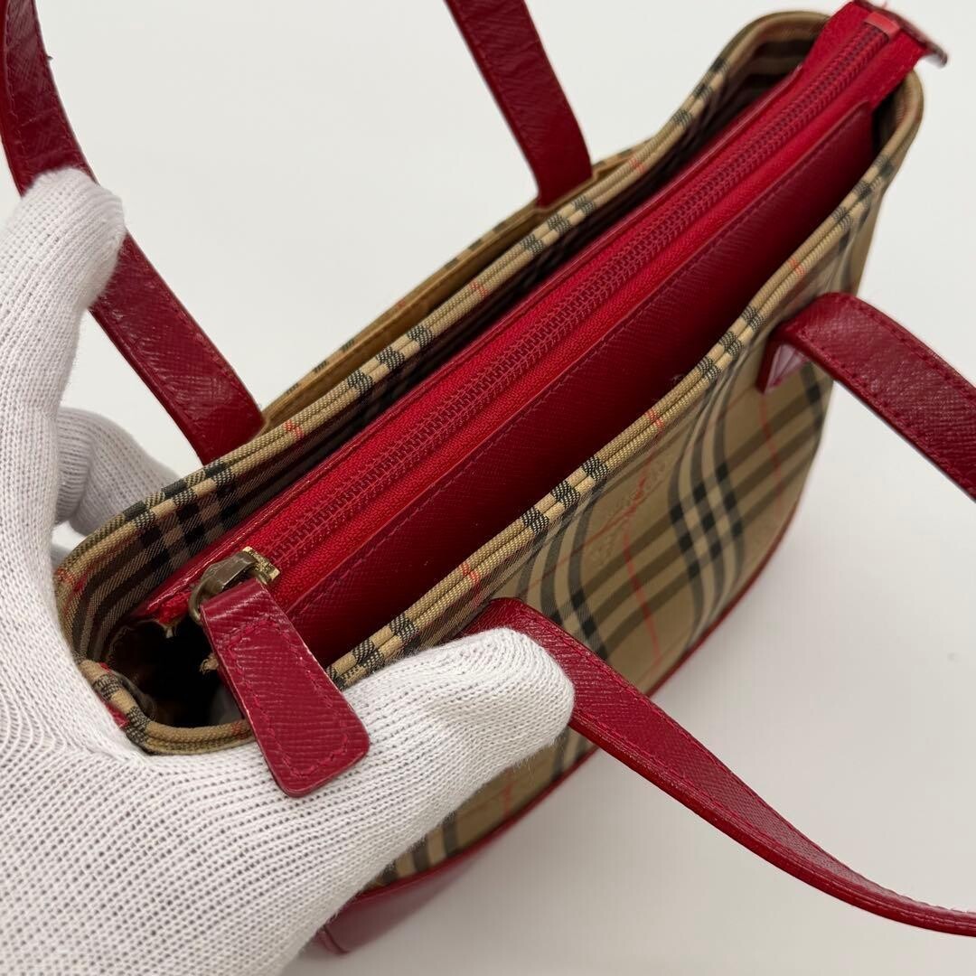 Burberry Red Nova Check Canvas Leather Tote Bag Horse Logo Vintage Self Standing
