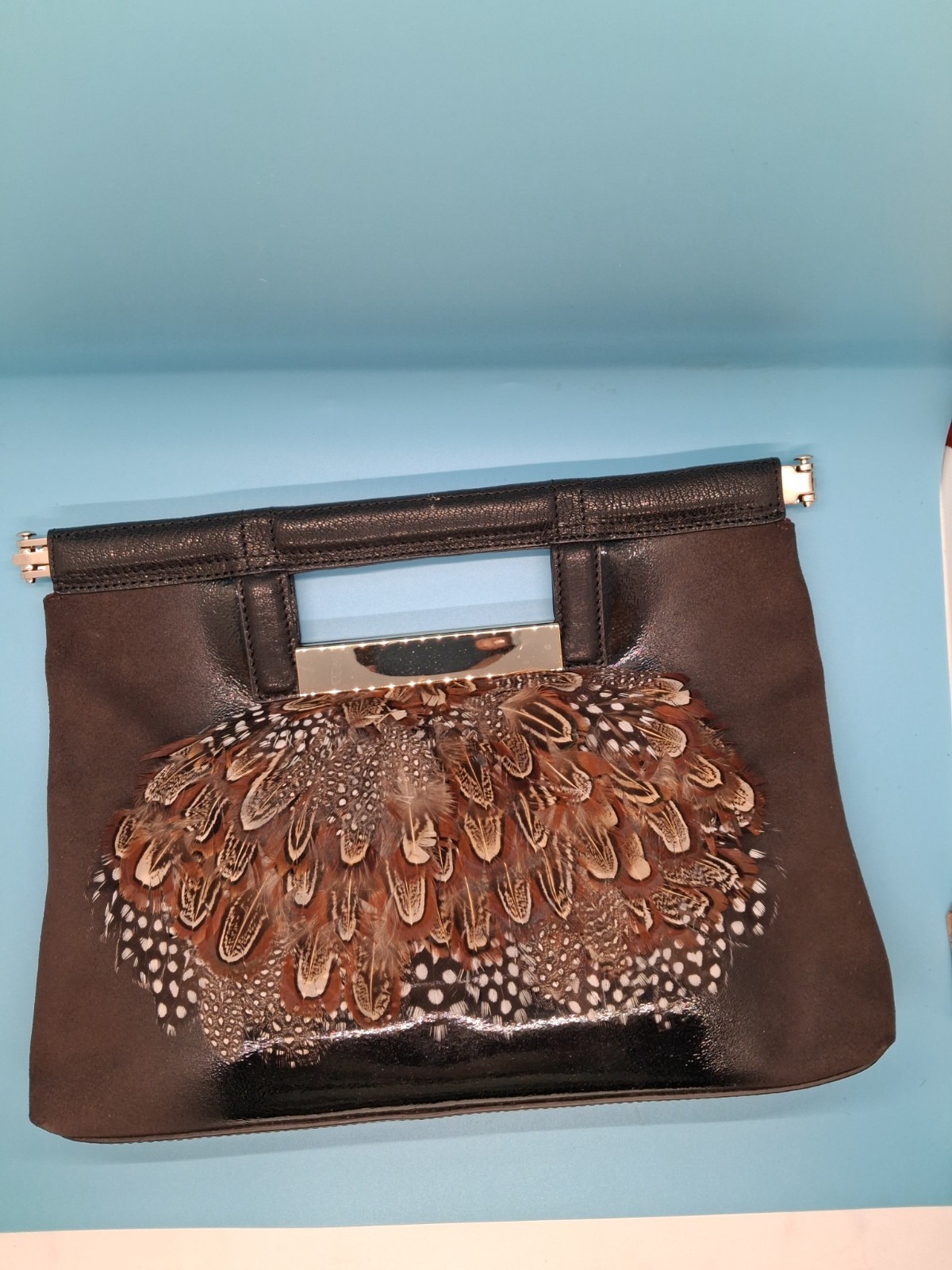 Comeco Pheasant Feather Leather Purse Hinged Opens as Hexagon