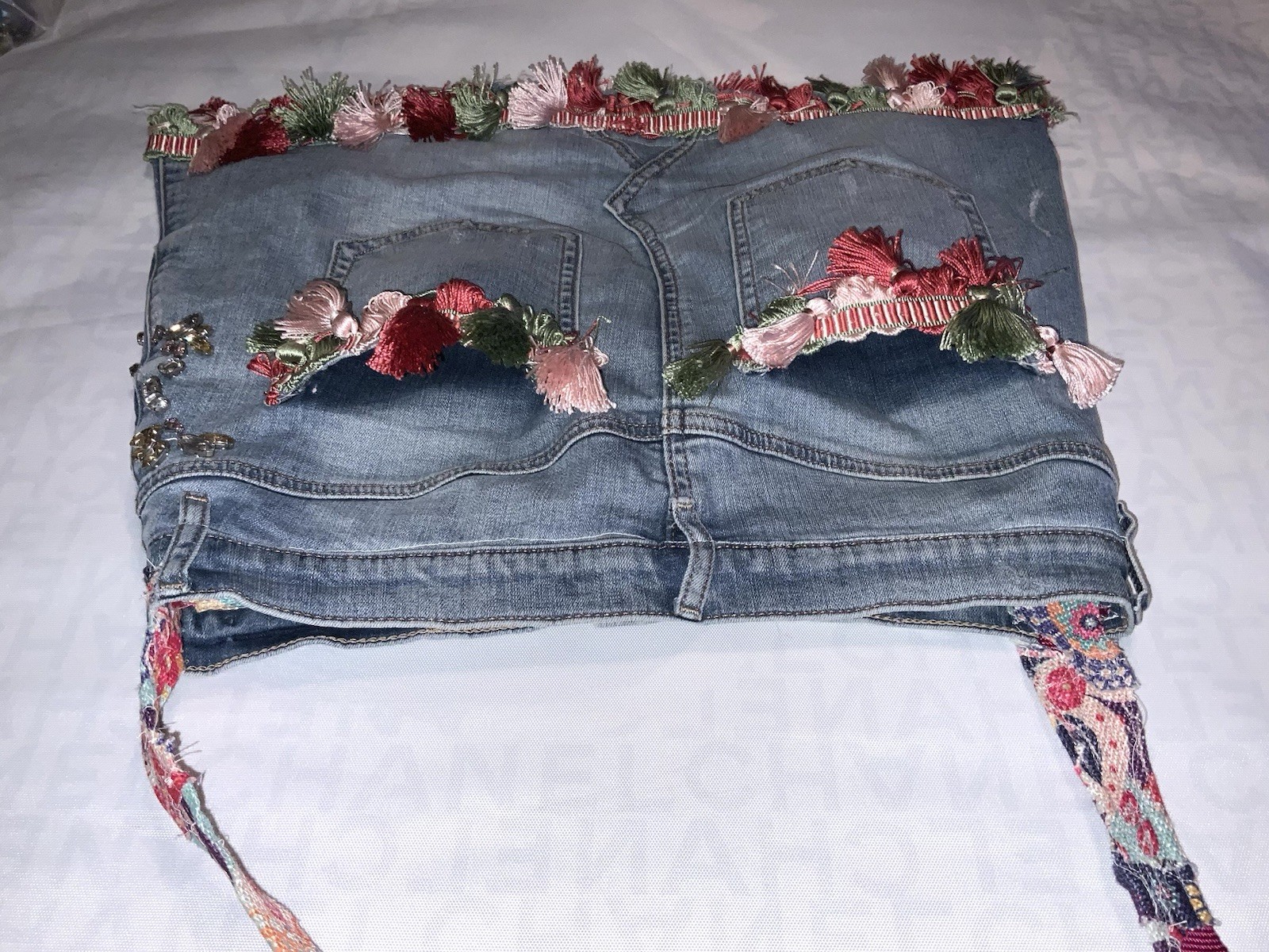 Boho Chic Denim Freestyle Custom Jean Skirt Purse Bag Hand sewn Original Tote