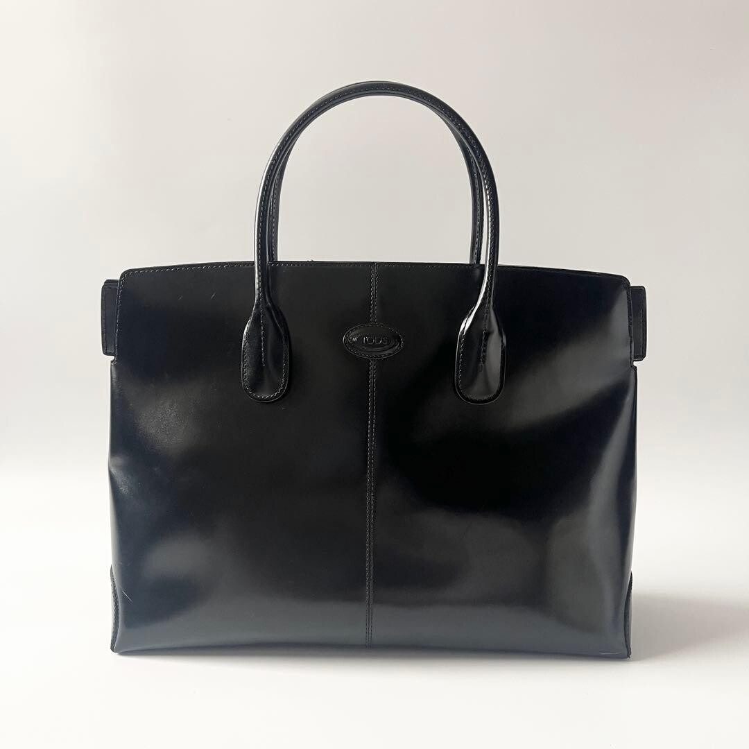 Tods Black Leather Tote Bag Logo Embossed A4 Business Italy 16.1in Women