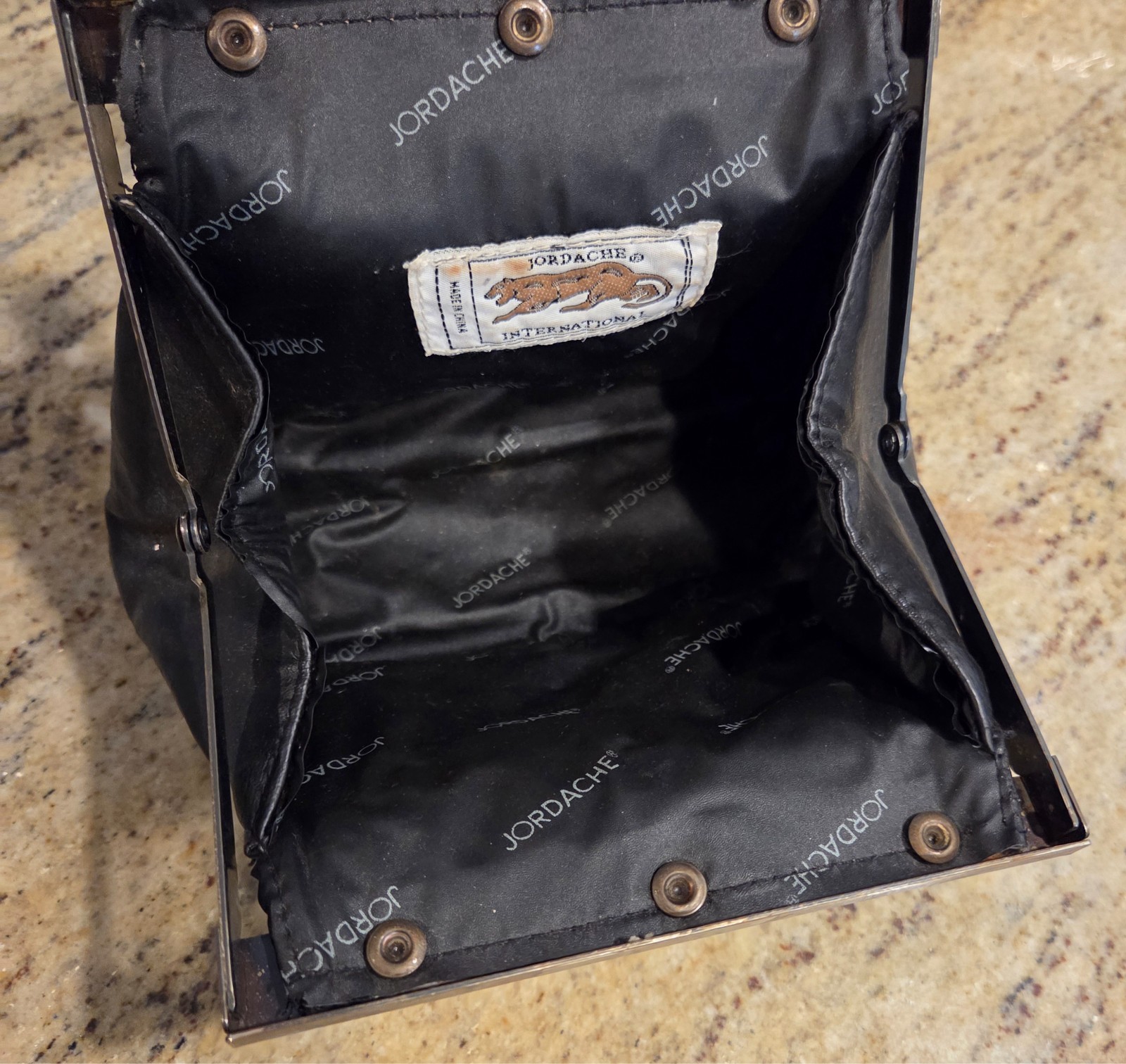 Vtg Jordache International Black Leather Handbag Cheetah Wild Cat Logo