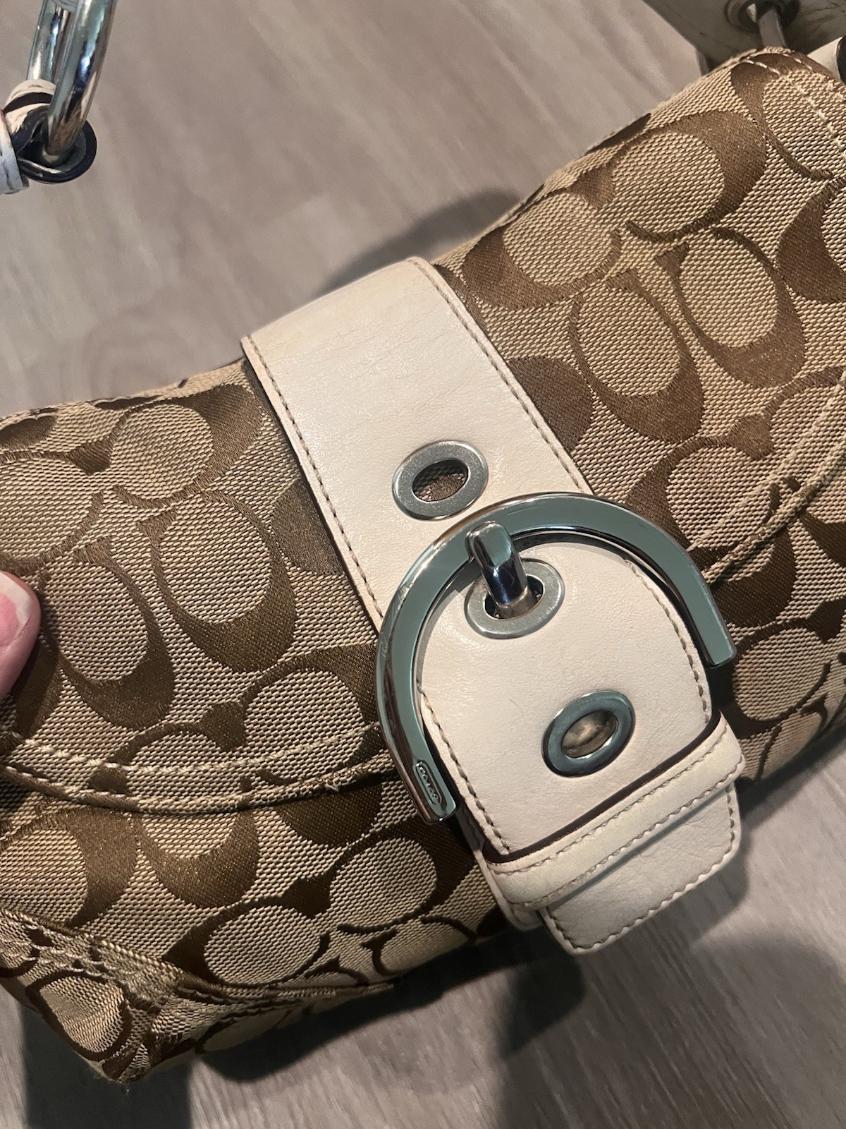 Coach Signature Logo Small SoHo Shoulder Bag Brown Beige Buckle