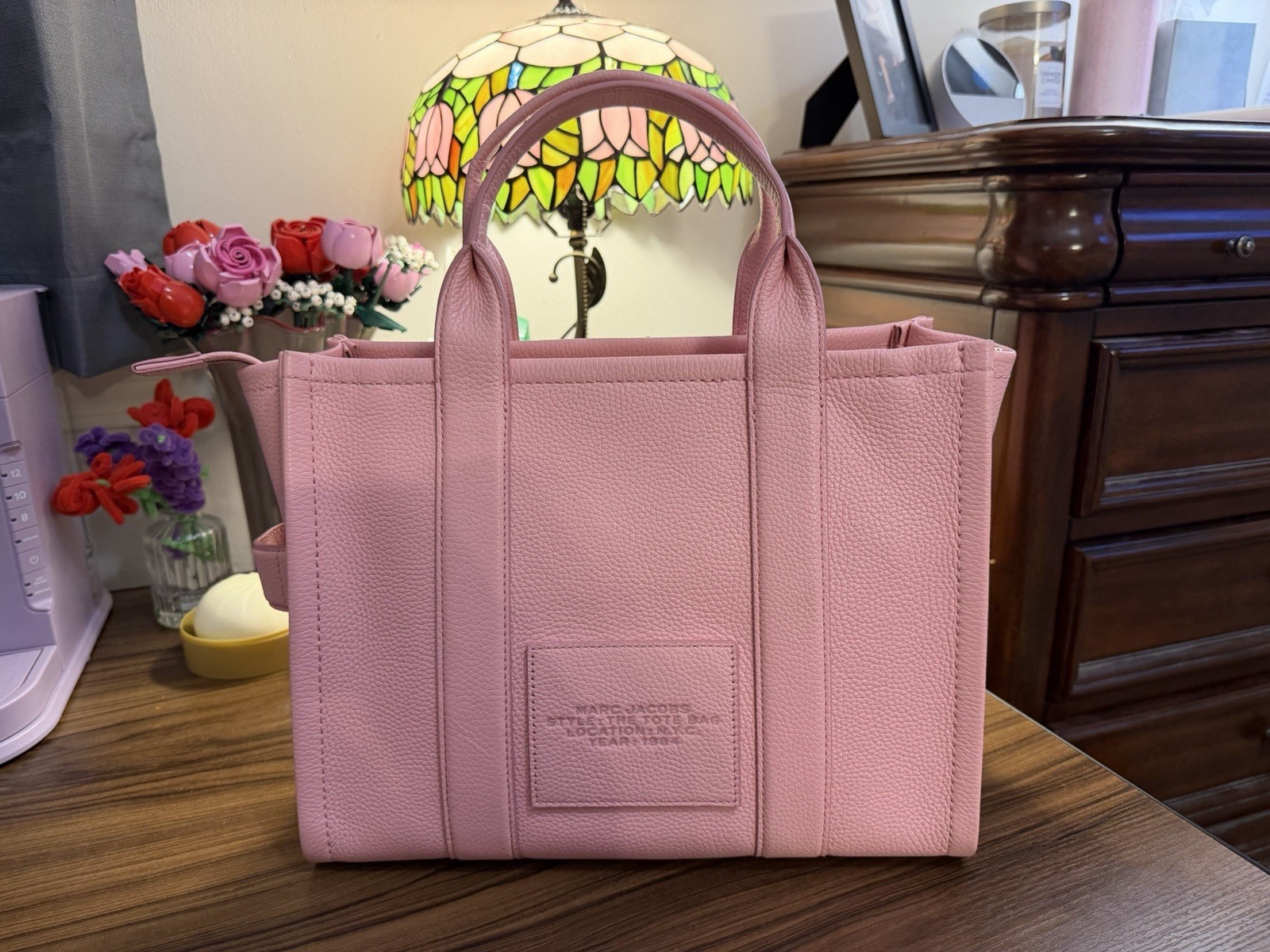 Marc Jacobs The Tote Bag Pink Medium Zip Logo Tote Top Handle Detachable Strap