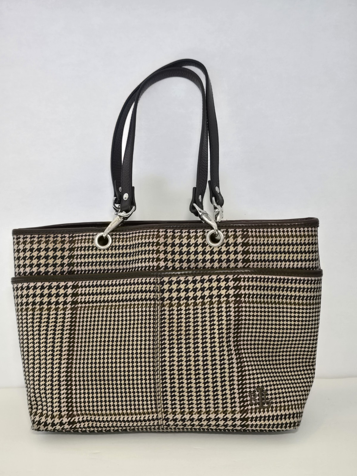 Lauren Ralph Lauren Houndstooth Plaid Brown Bag Handbag Vintage