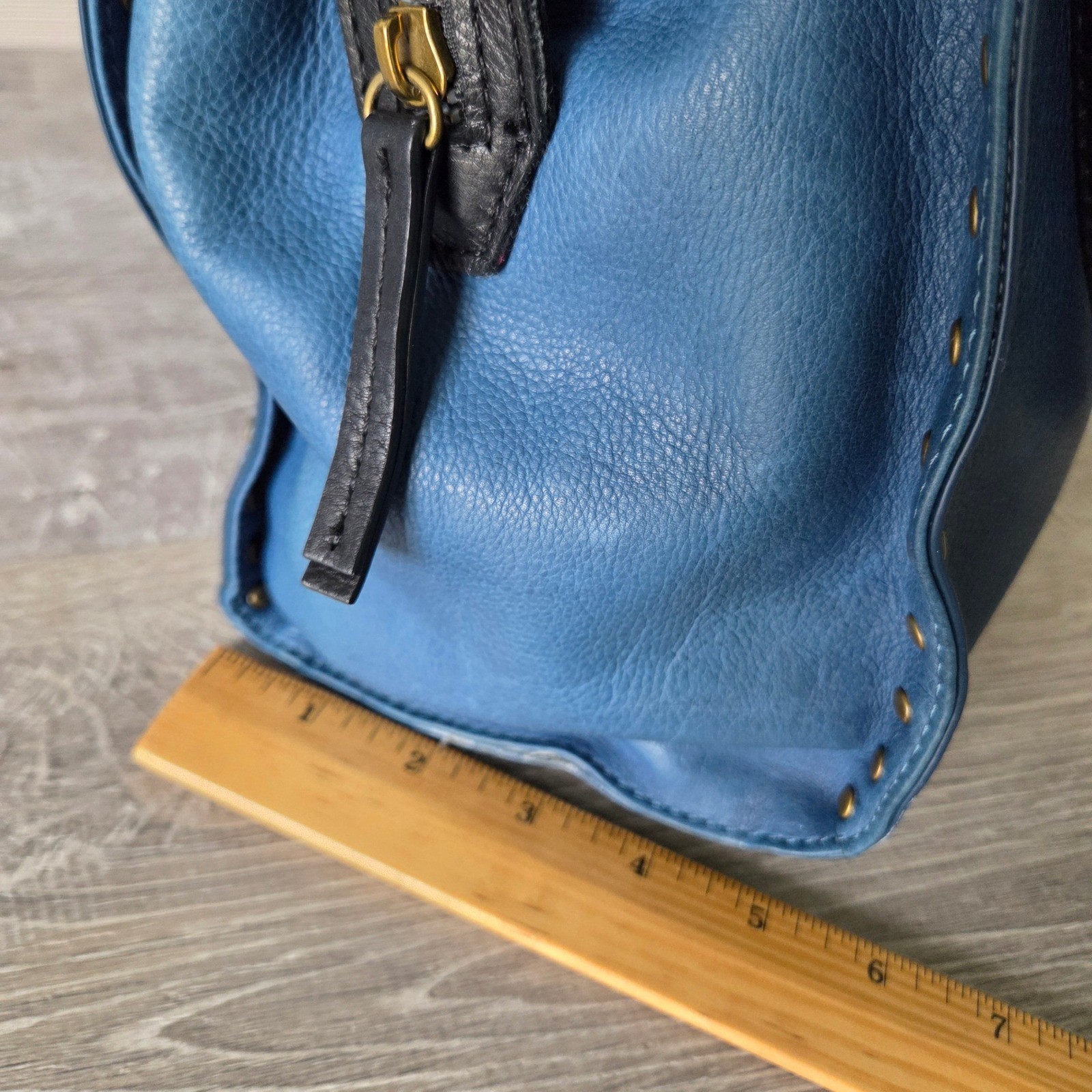 American Leather Co Studded Hobo Shoulder Bag Blue Pebble Leather Brass Studs