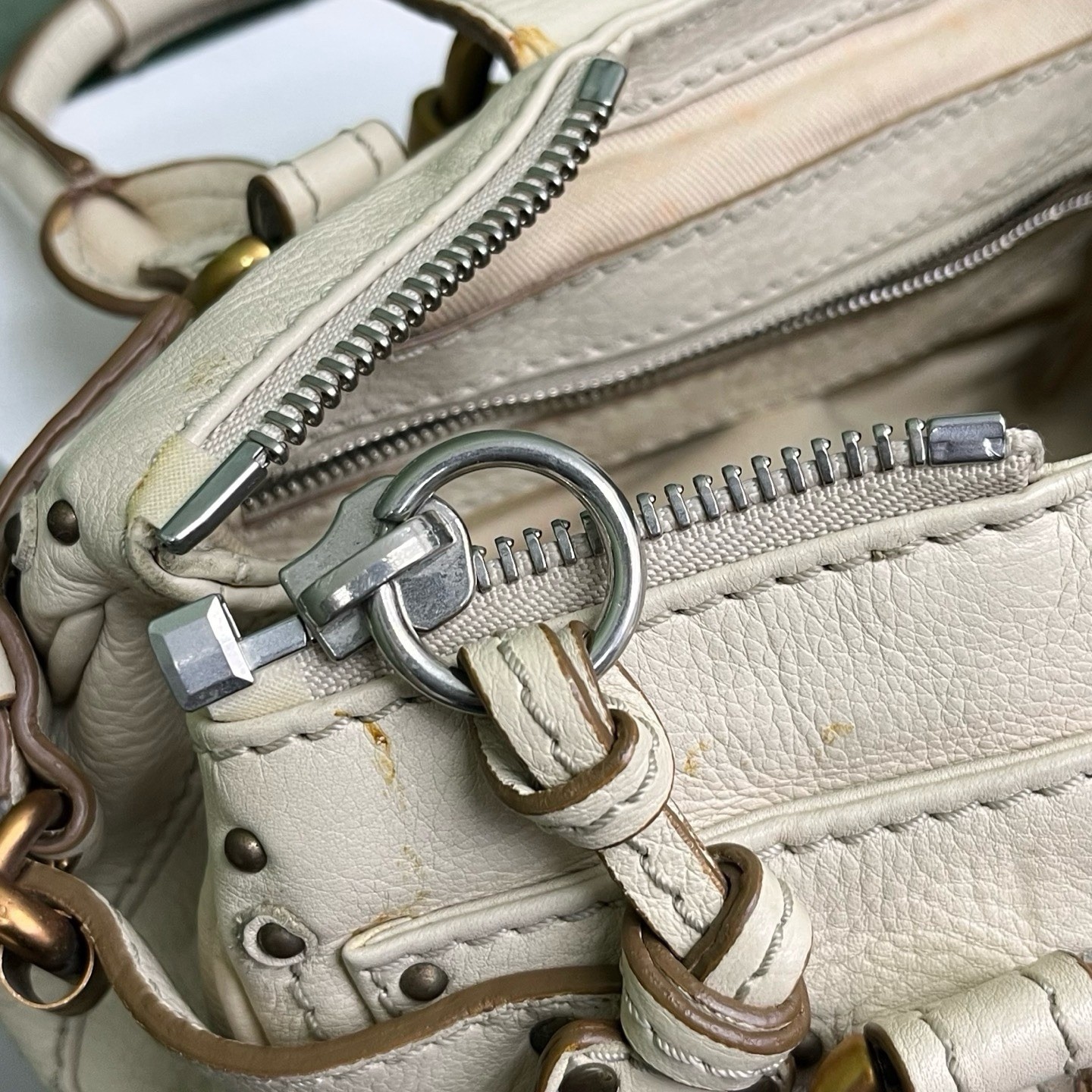 Authentic Chloé Paddington Handbag Off White Pebbled Calfskin Antique Gold
