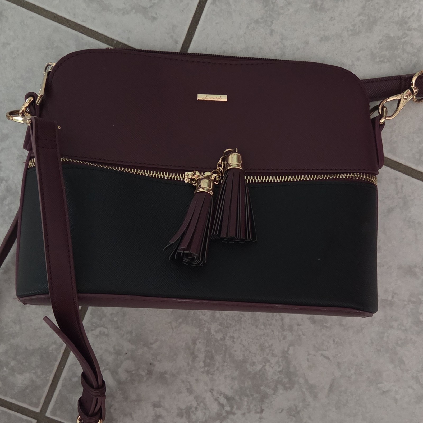 Lusambi Colorblock Crossbody Bag Burgundy/Black Tassel Zip Gold Hardware