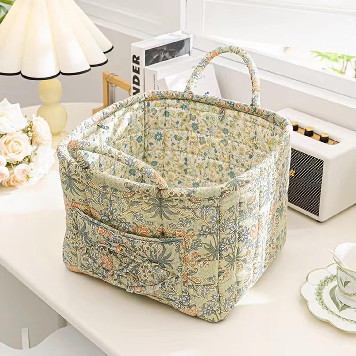 Boho Fabric Storage Basket, Square-Shaped Tote Bag with Compartments