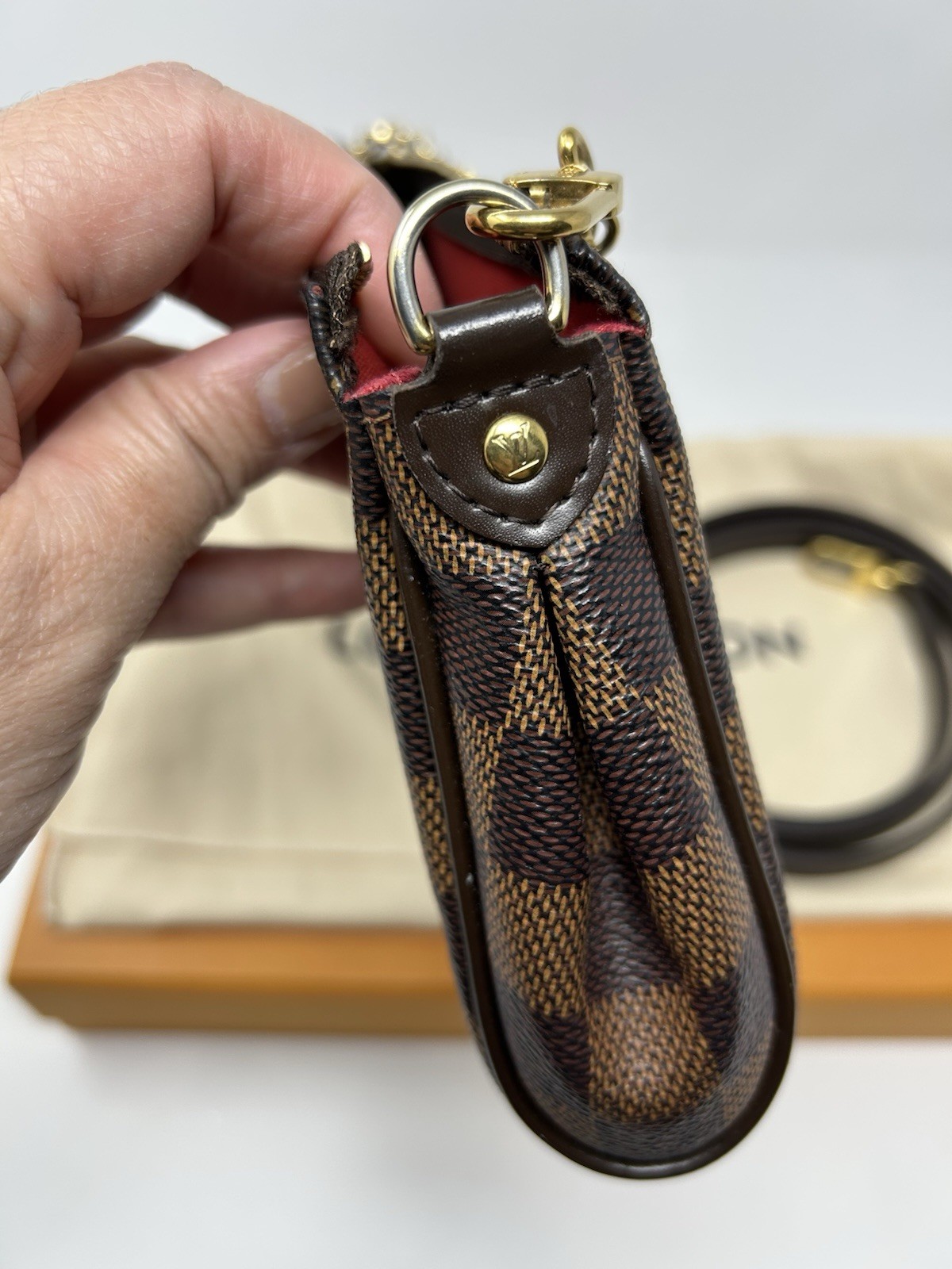 Louis Vuitton Eva Damier Ebene Brown Clutch Crossbody Chain Shoulder Bag W/Box