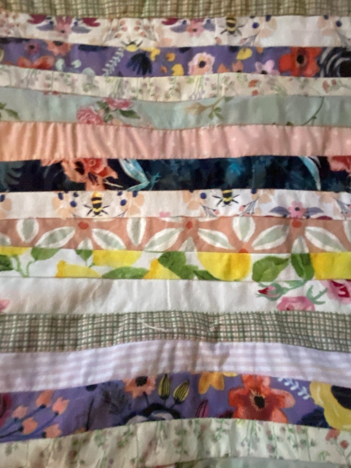 Handmade Patchwork Tote Bag – Floral Quilt Striped Market Bag with Peach Handles