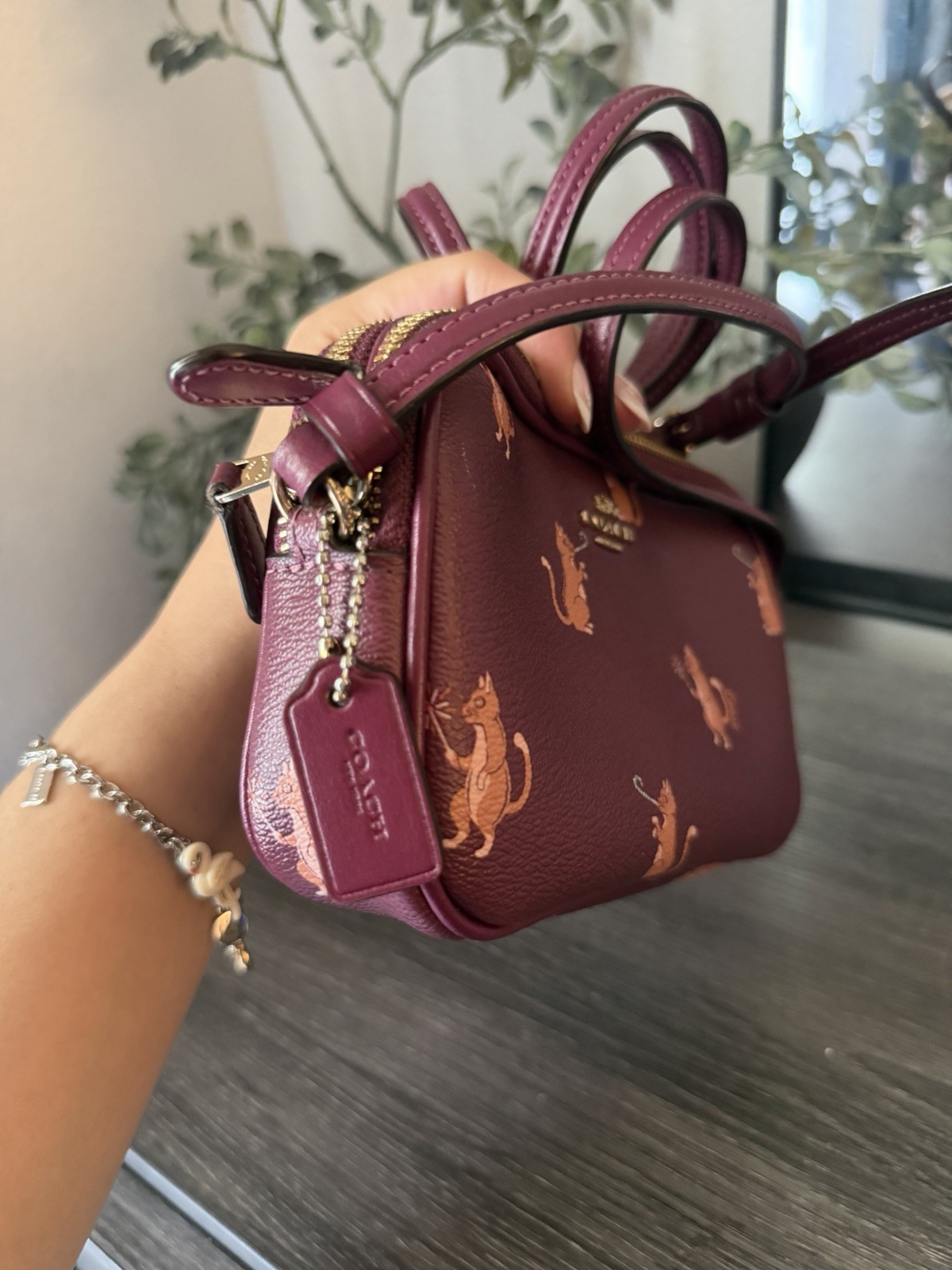 Coach Burgundy Pebbled Cat Party Print Double Zip Small Crossbody Bag Gold